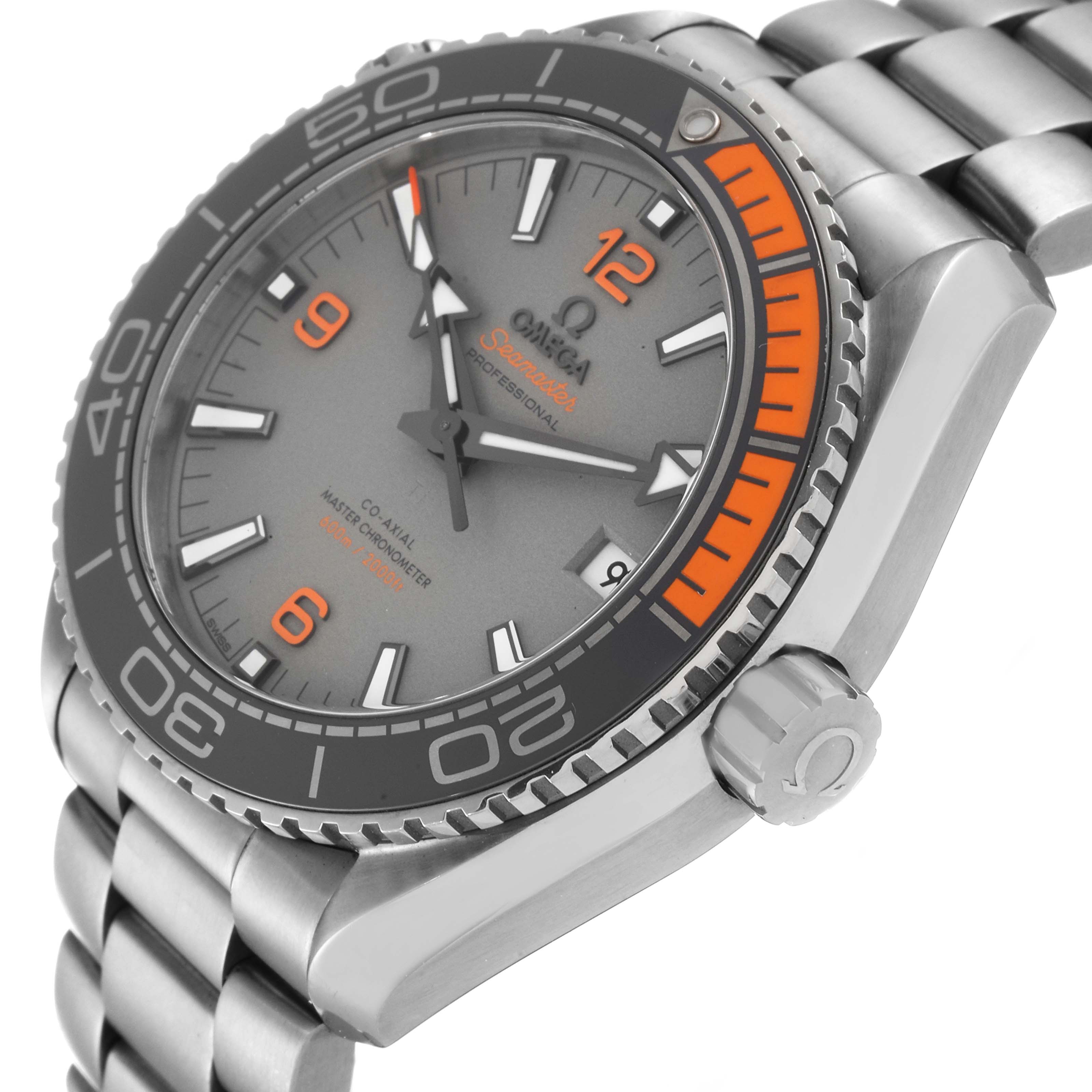 The image shows an angled close-up of an Omega Planet Ocean 215.90.44.21.99.001 Men's Titanium Grey Dial 215.90.44.21.99.001 Men's Titanium Grey Dial watch displaying the face, bezel, and crown.