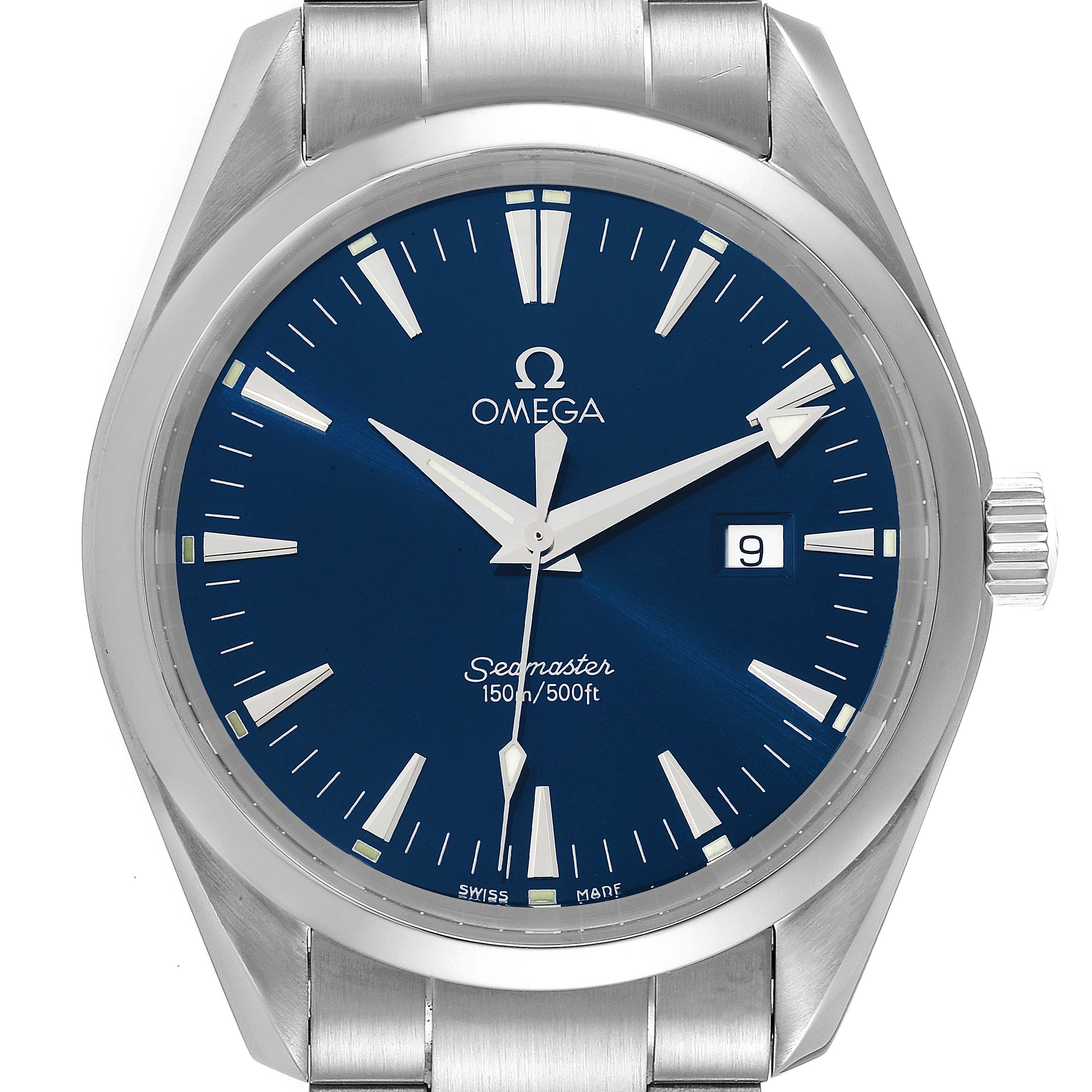 The Omega Aqua Terra 2517.80.00 Men's Stainless Steel Blue Dial 2517.80.00 Men's Stainless Steel Blue Dial watch is shown from a front angle, displaying its blue dial, date function, and stainless steel case and bracelet.