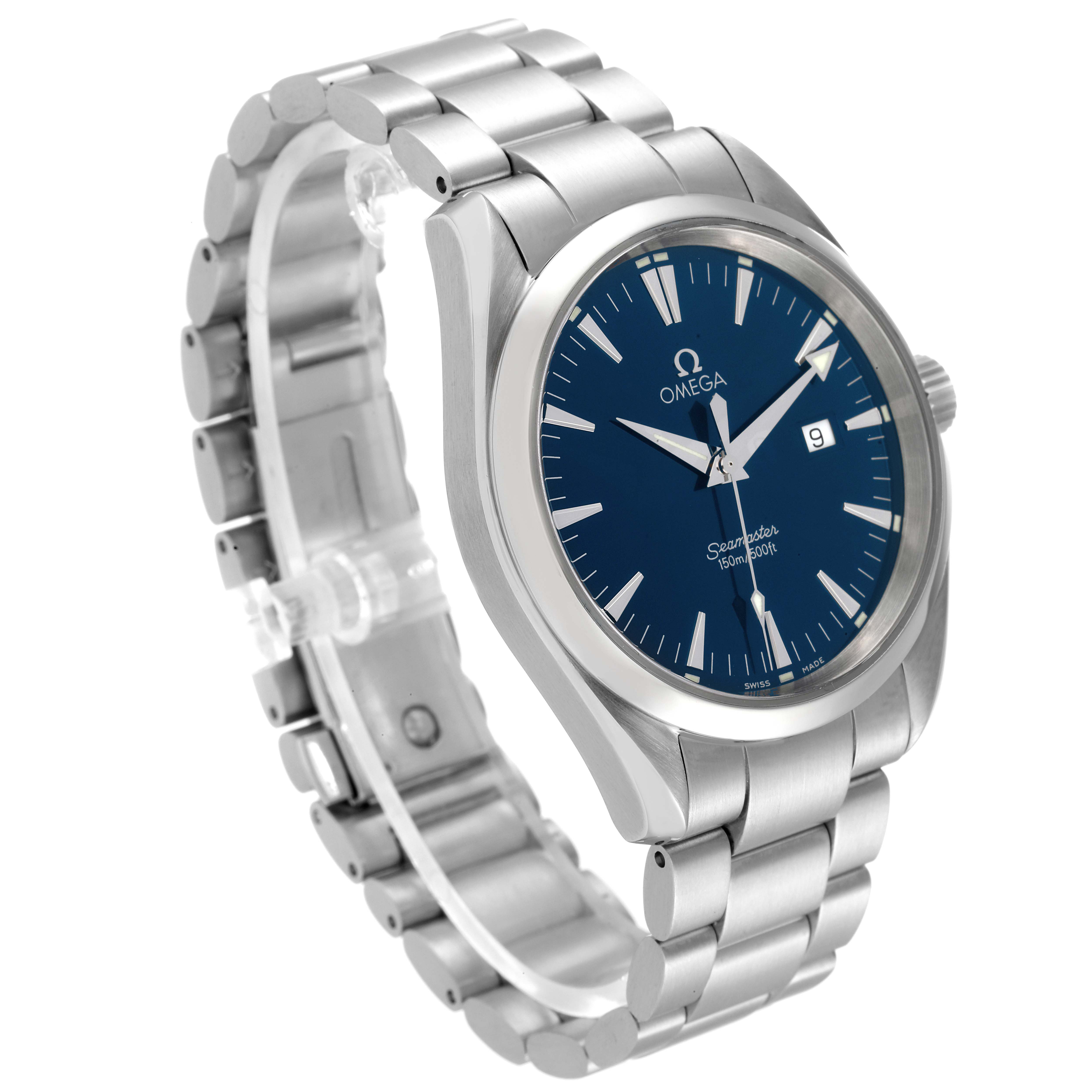 The image shows a side-angle view of the Omega Aqua Terra 2517.80.00 Men's Stainless Steel Blue Dial 2517.80.00 Men's Stainless Steel Blue Dial watch, highlighting its stainless steel bracelet, blue dial, and date window.