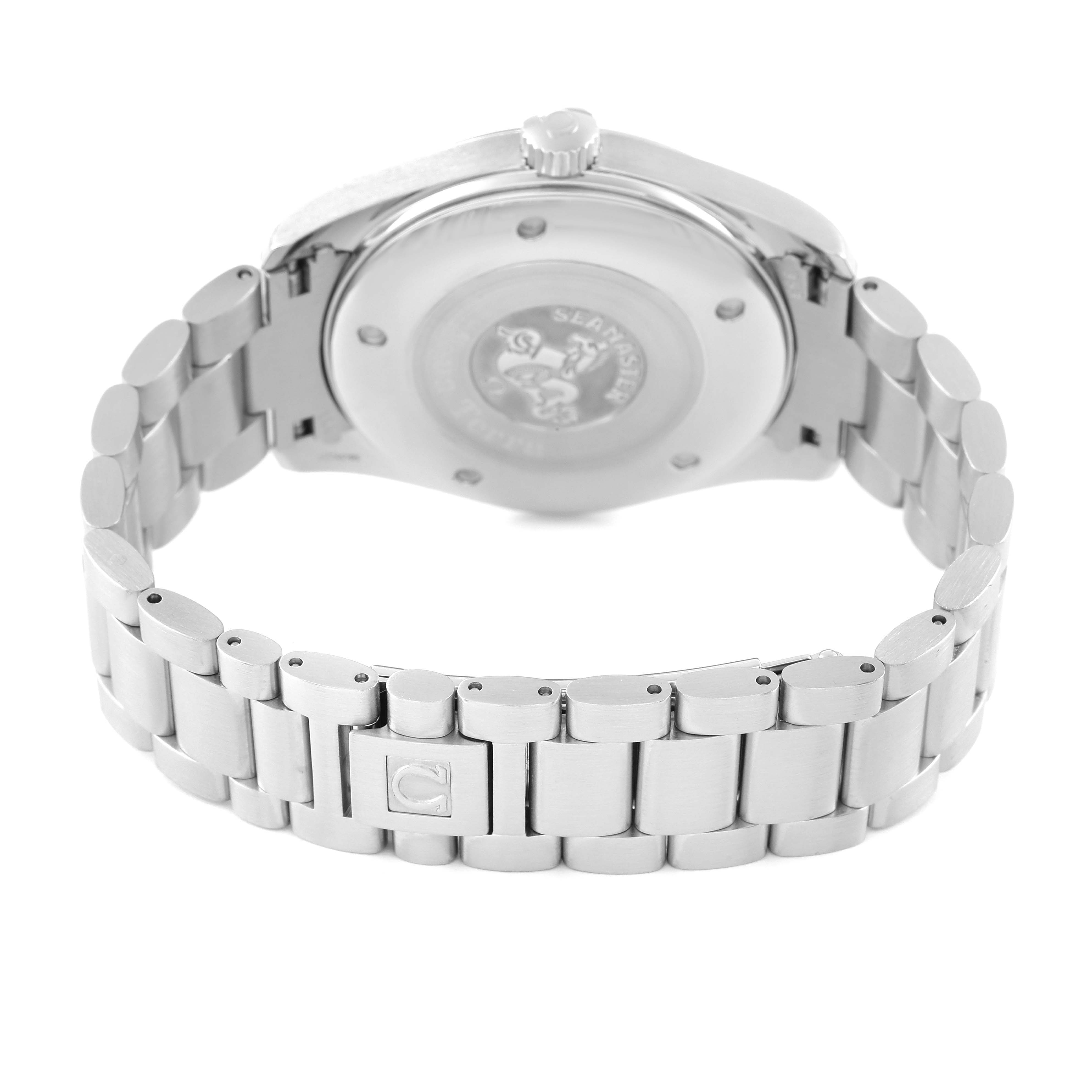 The image shows the back and bracelet of an Omega Aqua Terra 2517.80.00 Men's Stainless Steel Blue Dial 2517.80.00 Men's Stainless Steel Blue Dial watch from a rear angle.