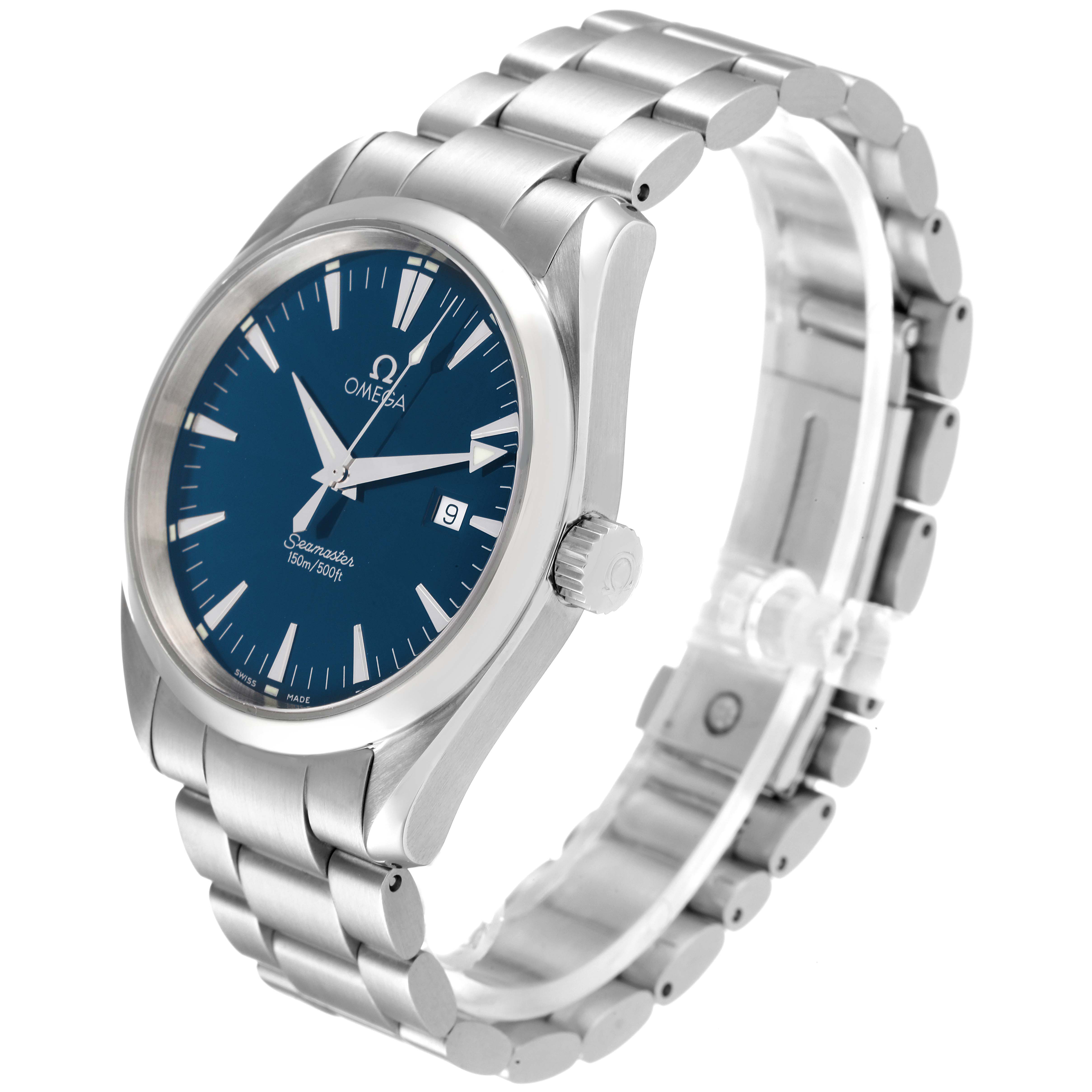 The image shows an angled front-side view of an Omega Aqua Terra 2517.80.00 Men's Stainless Steel Blue Dial 2517.80.00 Men's Stainless Steel Blue Dial watch, highlighting its face, bezel, crown, and bracelet.