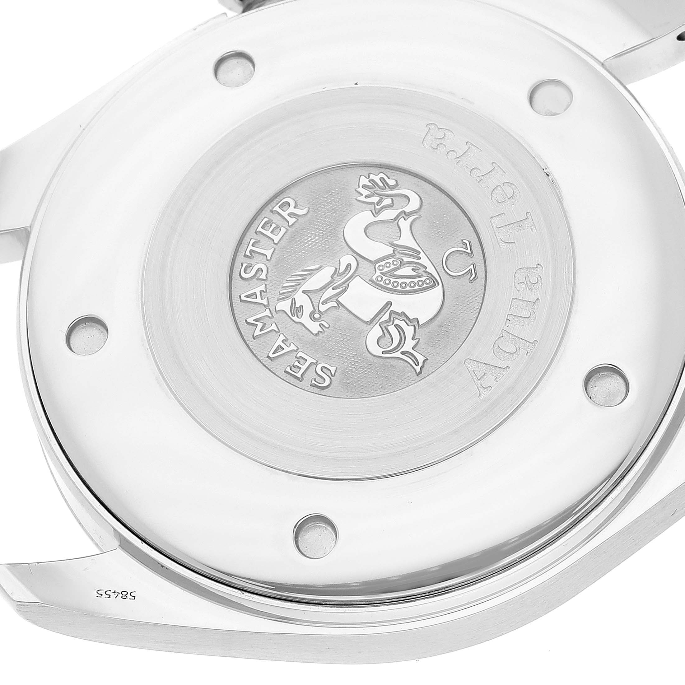This image shows the case back of an Omega Seamaster Aqua Terra watch, highlighting the engraved logo and model name.