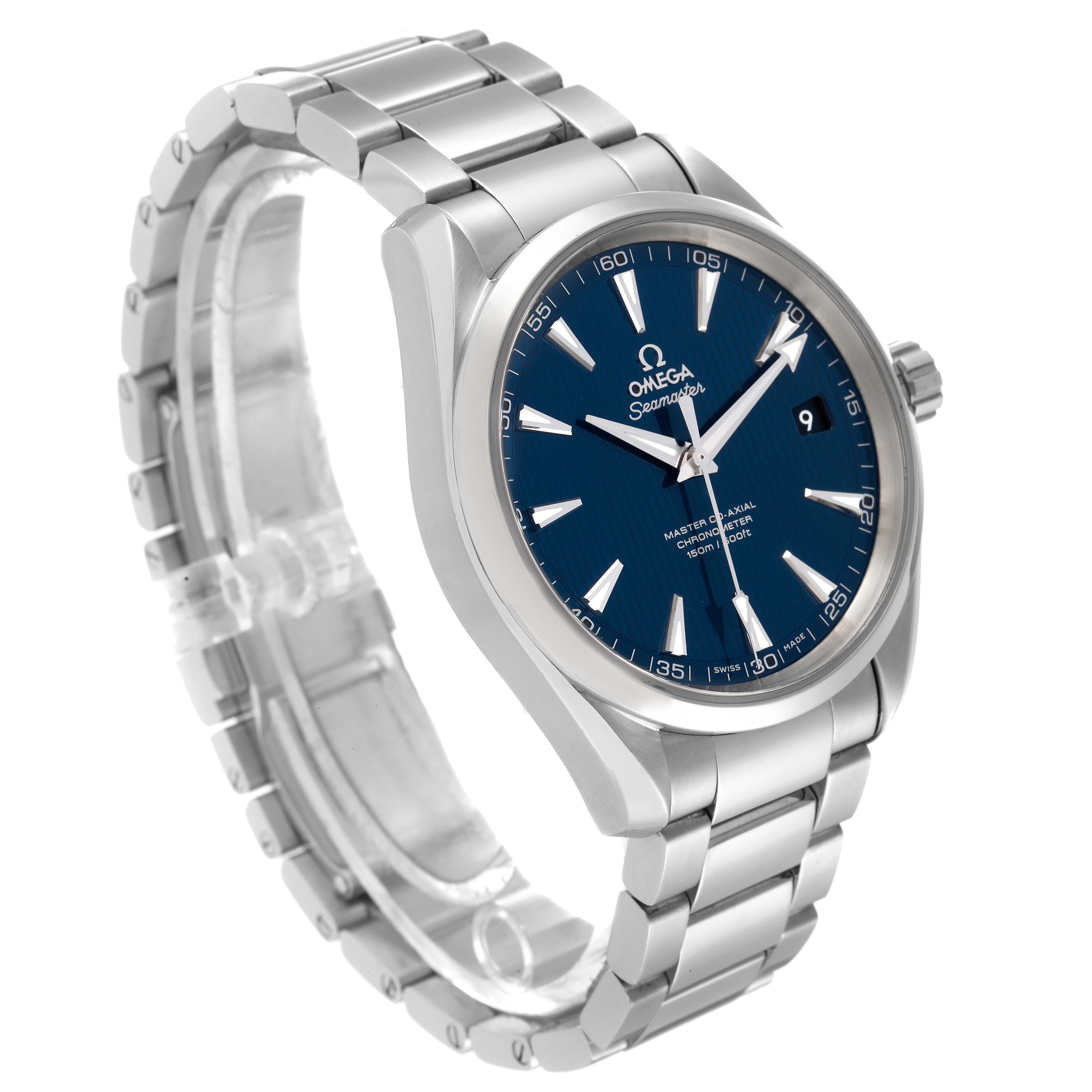 The image showcases the Omega Aqua Terra 231.10.42.21.03.003 Men
s Stainless Steel Blue Dial 231.10.42.21.03.003 Men
s Stainless Steel Blue Dial watch from a three-quarter angle, highlighting its blue dial, stainless steel case, and bracelet.