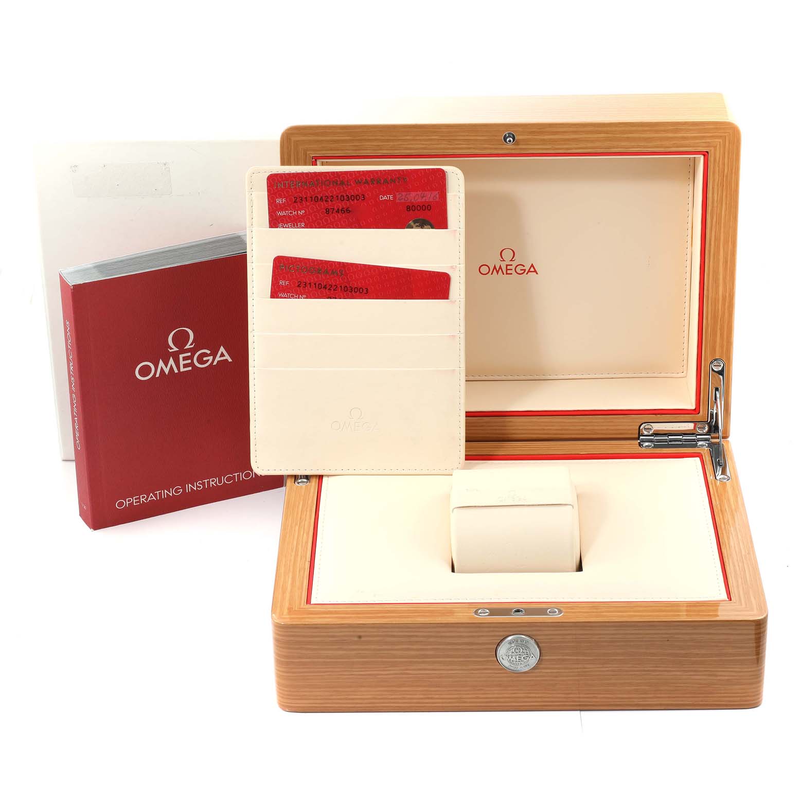 The image shows the Omega Aqua Terra 231.10.42.21.03.003 Men
s Stainless Steel Blue Dial 231.10.42.21.03.003 Men
s Stainless Steel Blue Dial watch box, operating instructions, and Best Quality
ation cards.