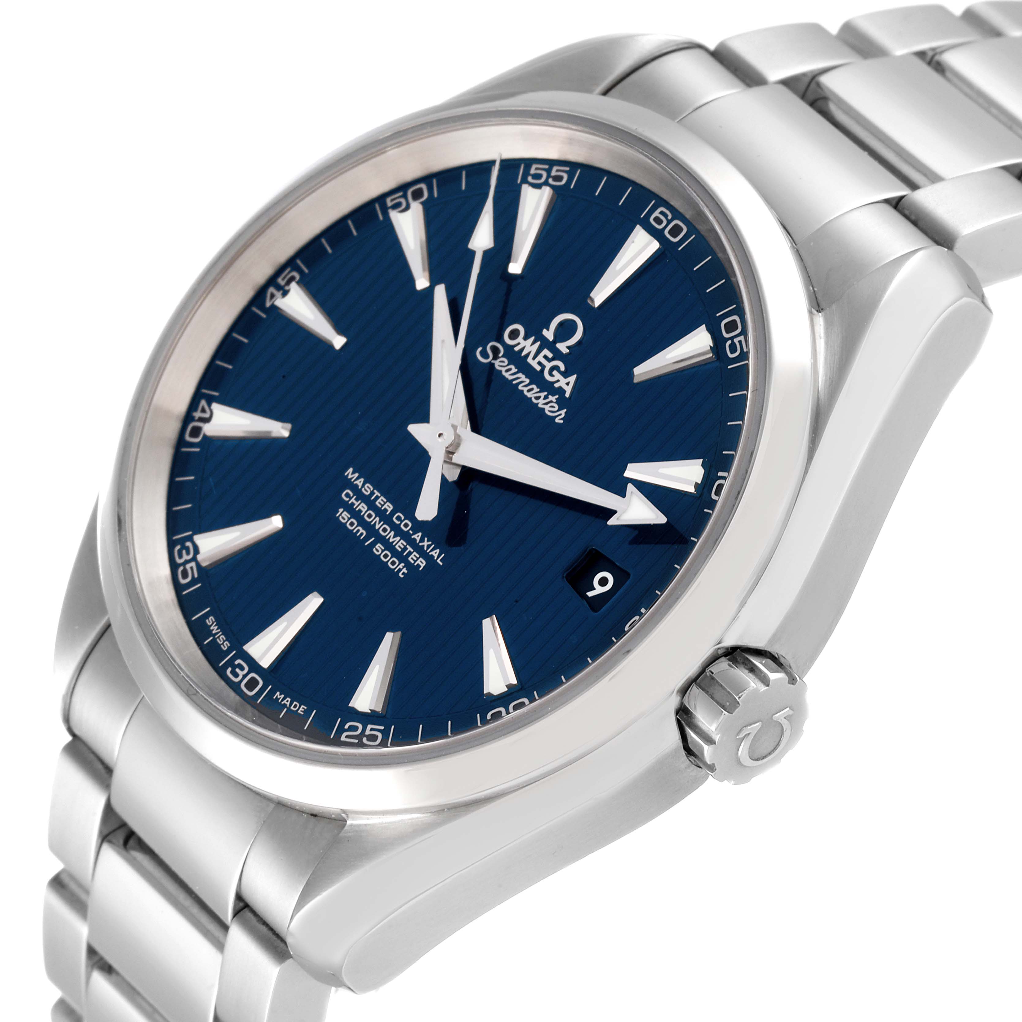 The image shows an Omega Aqua Terra 231.10.42.21.03.003 Men
s Stainless Steel Blue Dial 231.10.42.21.03.003 Men
s Stainless Steel Blue Dial watch at a left three-quarter angle, highlighting its dial, bezel, crown, and bracelet.