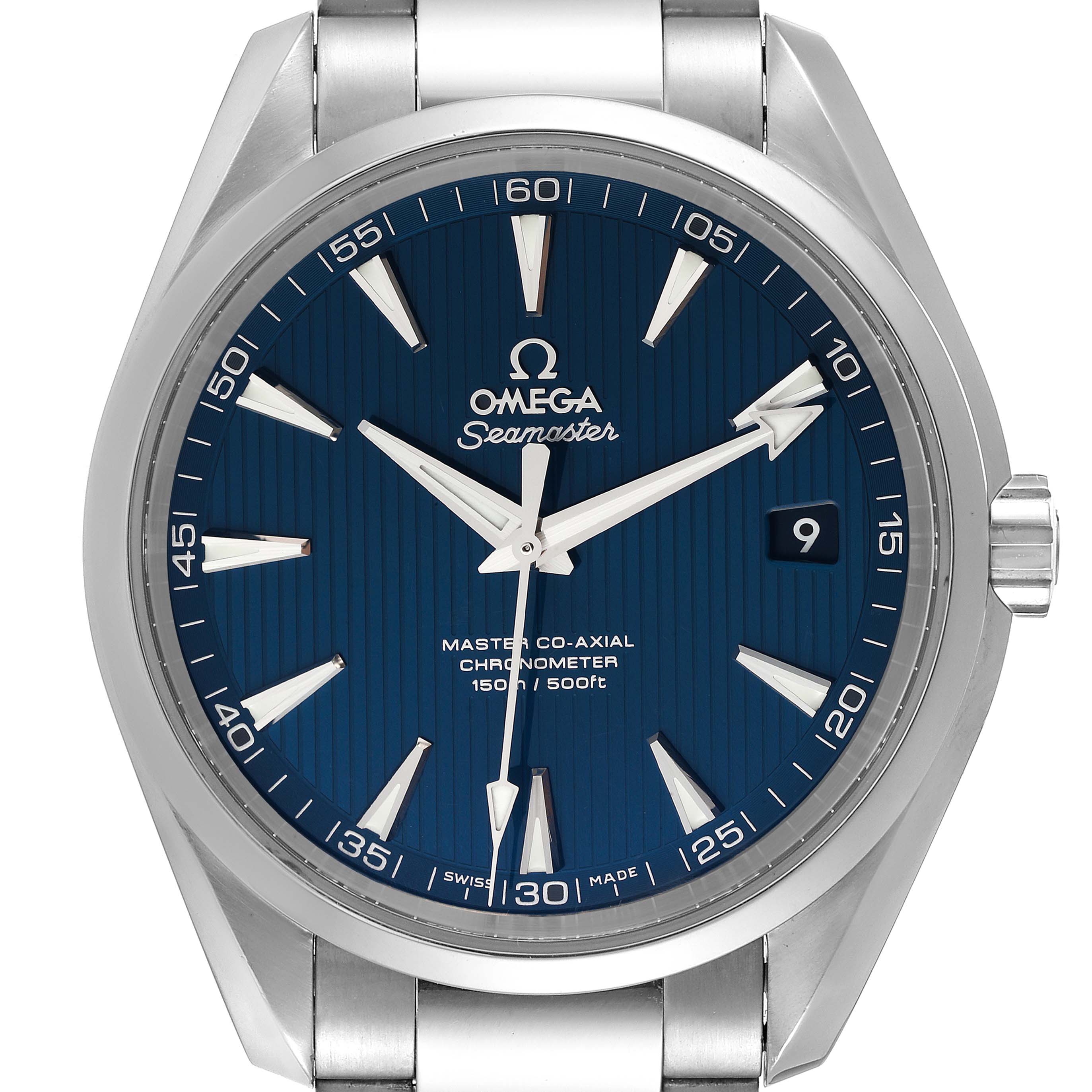 The image shows a front view of the Omega Aqua Terra 231.10.42.21.03.003 Men
s Stainless Steel Blue Dial 231.10.42.21.03.003 Men
s Stainless Steel Blue Dial Seamaster watch featuring a blue dial and stainless steel bracelet.