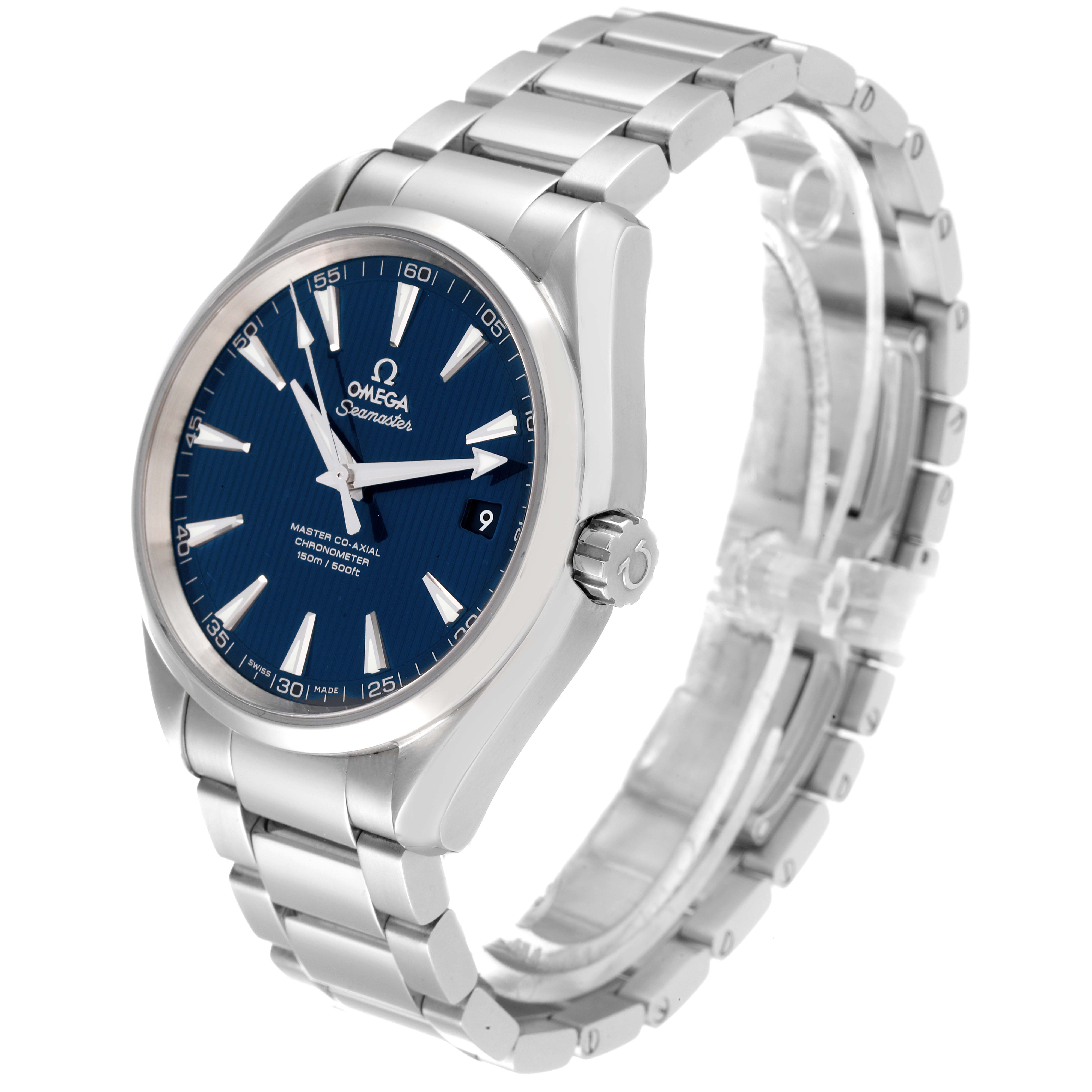 The image shows an Omega Aqua Terra 231.10.42.21.03.003 Men
s Stainless Steel Blue Dial 231.10.42.21.03.003 Men
s Stainless Steel Blue Dial watch at a three-quarter angle, highlighting the face, bezel, crown, and bracelet.