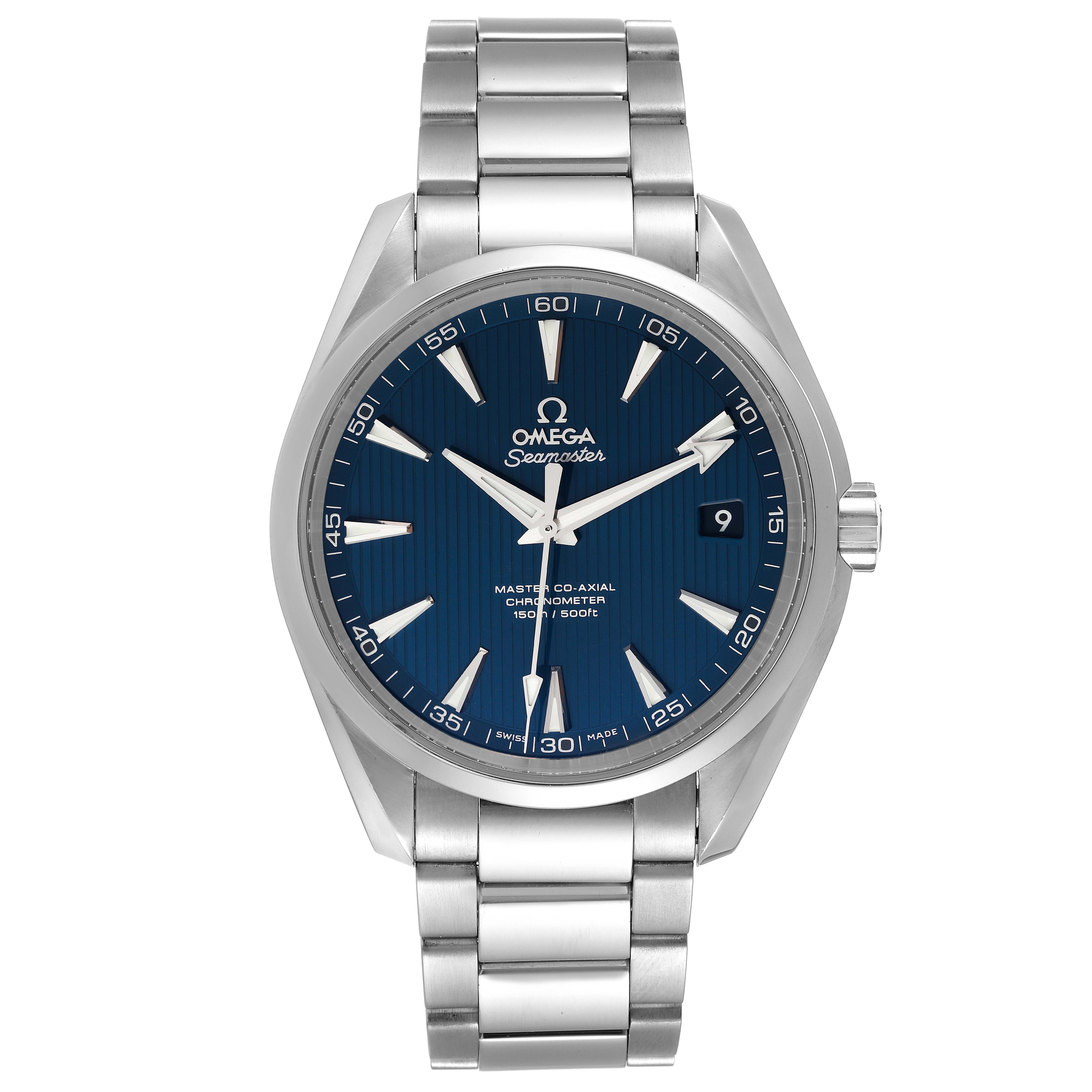 The image shows a front view of the Omega Aqua Terra 231.10.42.21.03.003 Men
s Stainless Steel Blue Dial 231.10.42.21.03.003 Men
s Stainless Steel Blue Dial watch, displaying the face, dial, hands, date window, and metal bracelet.