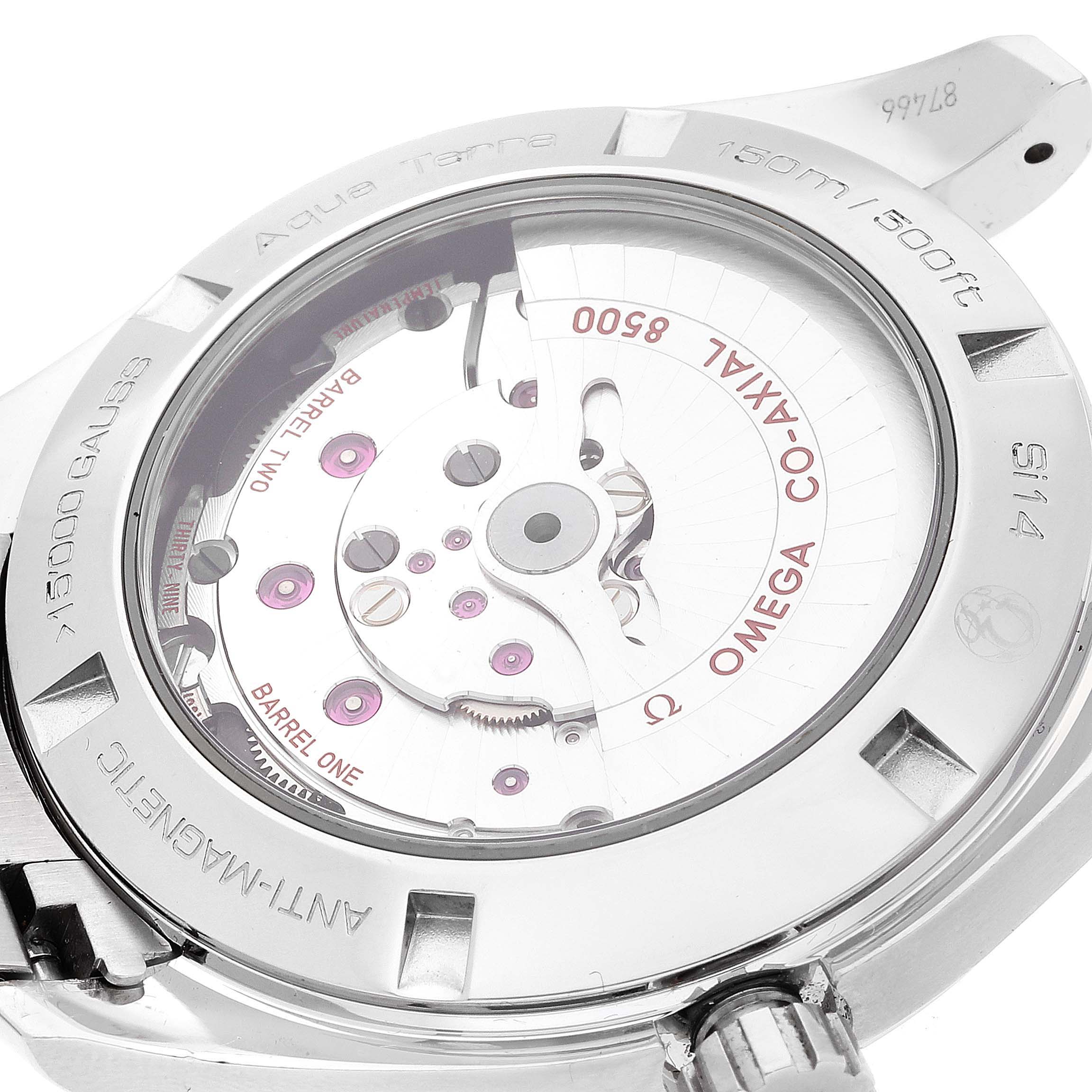 The image shows the back case and internal movement parts of the Omega Aqua Terra 231.10.42.21.03.003 Men
s Stainless Steel Blue Dial 231.10.42.21.03.003 Men
s Stainless Steel Blue Dial watch model.