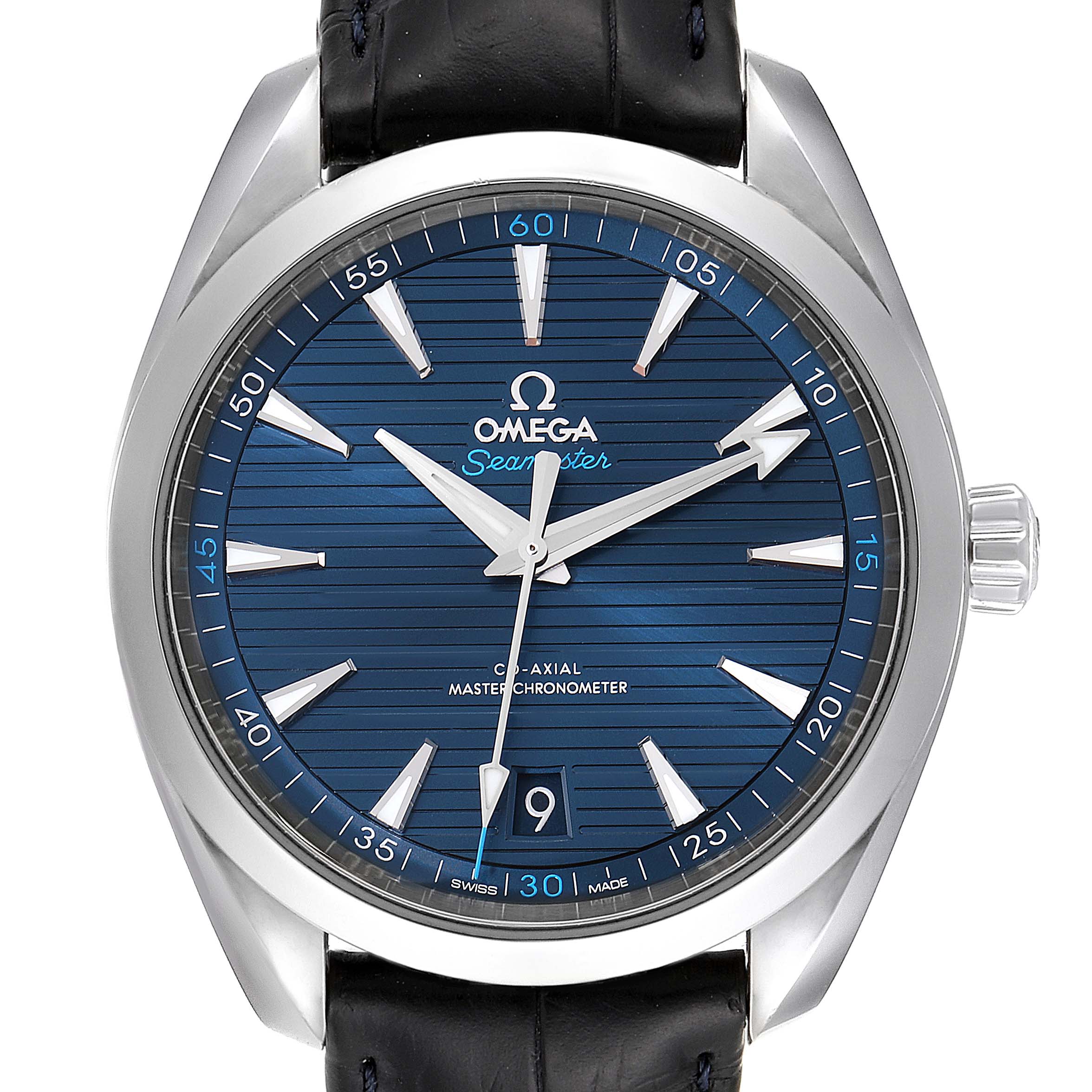The image shows a front view of the Omega Aqua Terra 220.13.41.21.03.001 Men's Stainless Steel Blue Dial 220.13.41.21.03.001 Men's Stainless Steel Blue Dial watch, featuring its blue dial, hour markers, hands, date window, and crown.