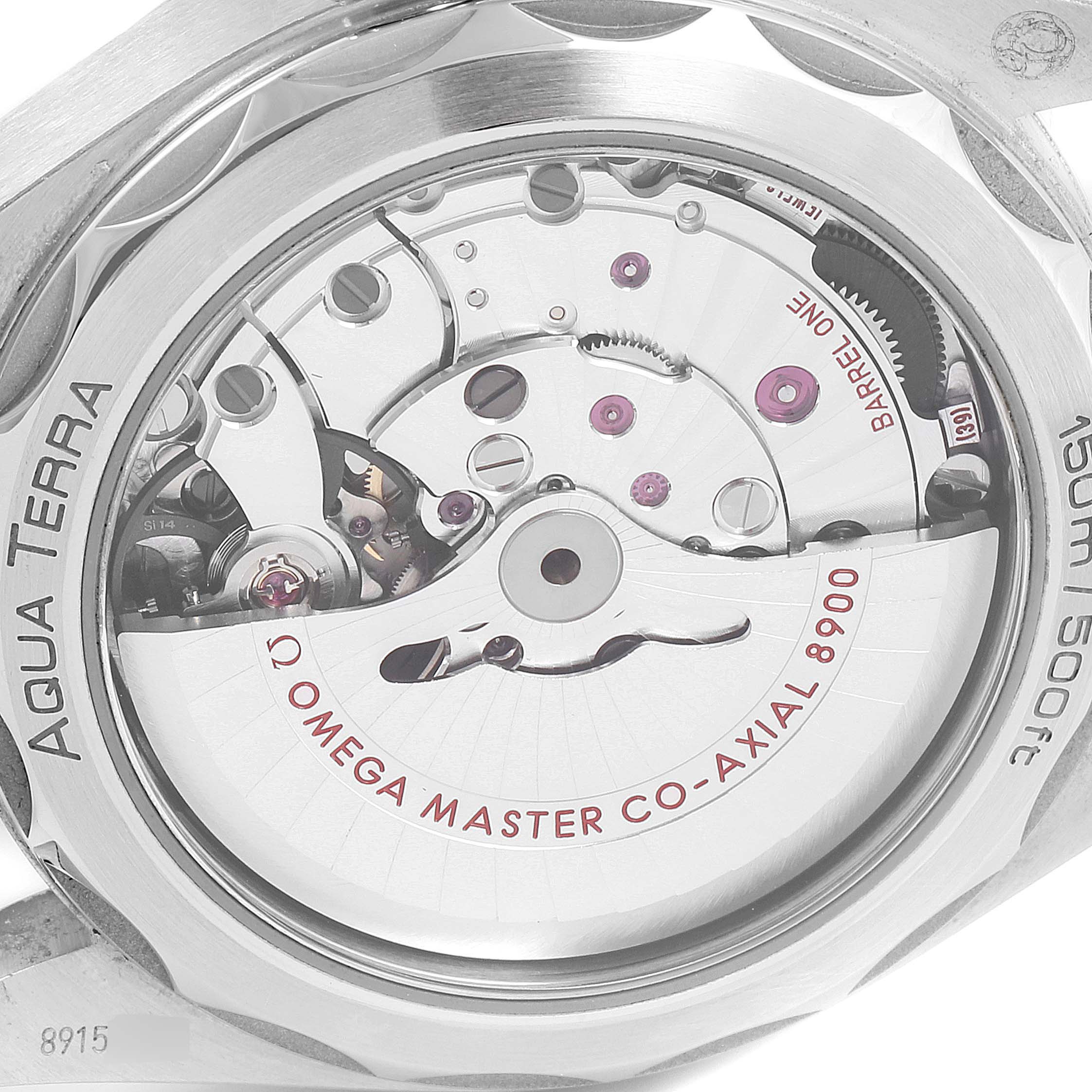 The image shows the back view of the Omega Aqua Terra 220.13.41.21.03.001 Men's Stainless Steel Blue Dial 220.13.41.21.03.001 Men's Stainless Steel Blue Dial watch, highlighting its Omega Master Co-Axial 8900 movement.