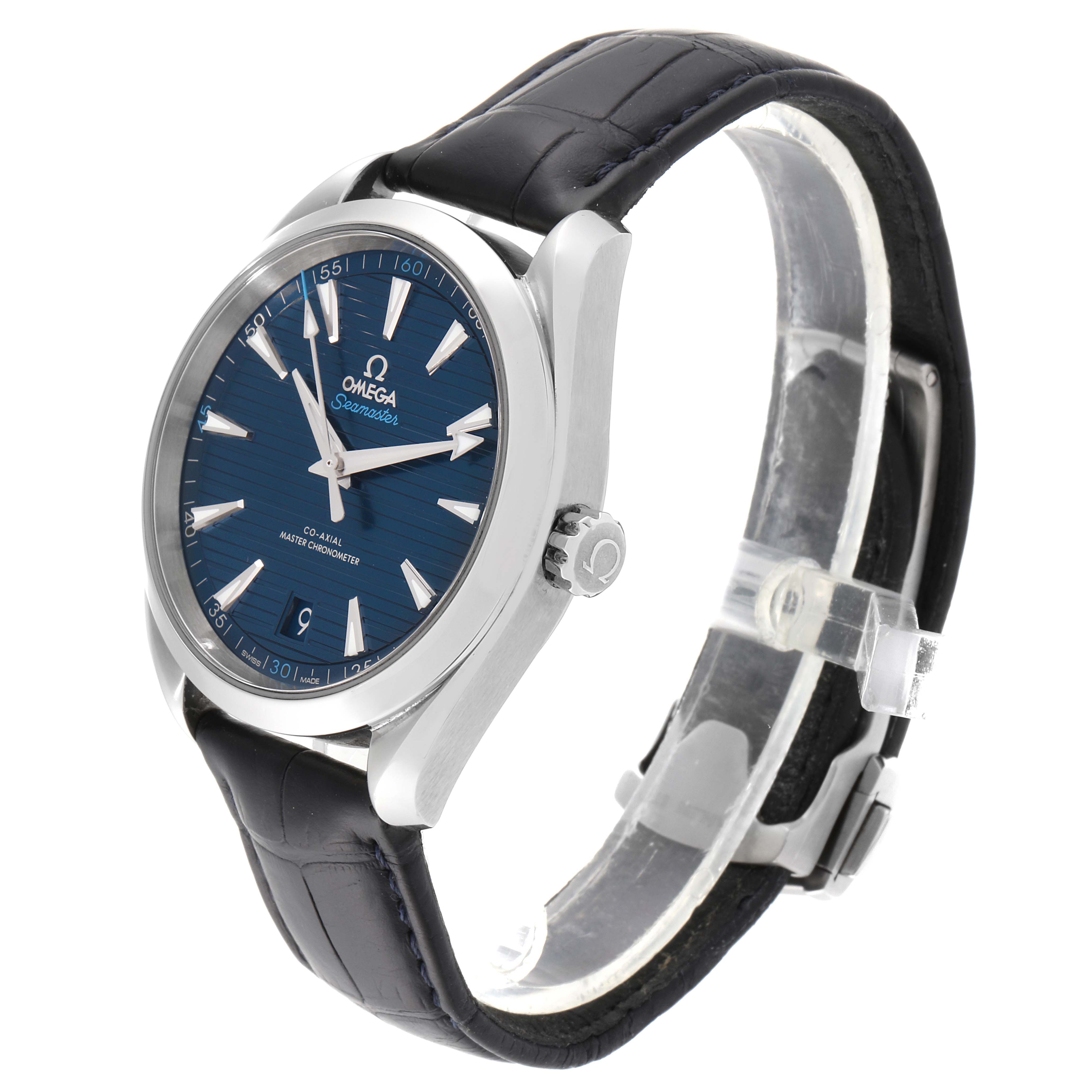 The Omega Aqua Terra 220.13.41.21.03.001 Men's Stainless Steel Blue Dial 220.13.41.21.03.001 Men's Stainless Steel Blue Dial watch is shown at a three-quarter angle, displaying its blue dial, crown, and black leather strap.