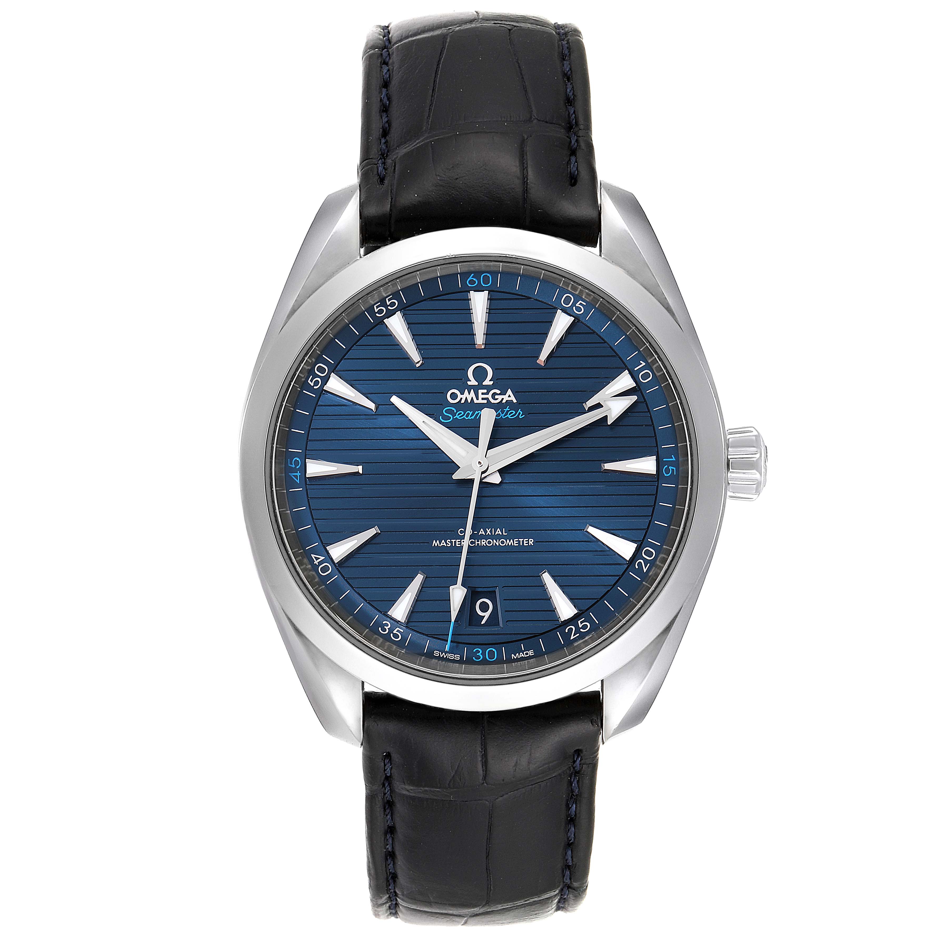 The image shows a front view of the Omega Aqua Terra 220.13.41.21.03.001 Men's Stainless Steel Blue Dial 220.13.41.21.03.001 Men's Stainless Steel Blue Dial watch, highlighting its blue dial, silver markers, and black leather strap.