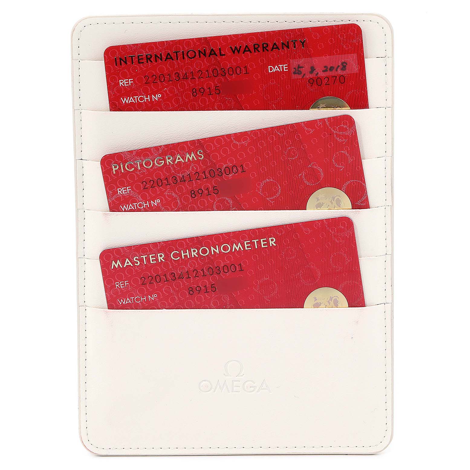 The image shows warranty, pictograms, and master chronometer cards for the Omega Aqua Terra 220.13.41.21.03.001 Men's Stainless Steel Blue Dial 220.13.41.21.03.001 Men's Stainless Steel Blue Dial watch in a white cardholder.