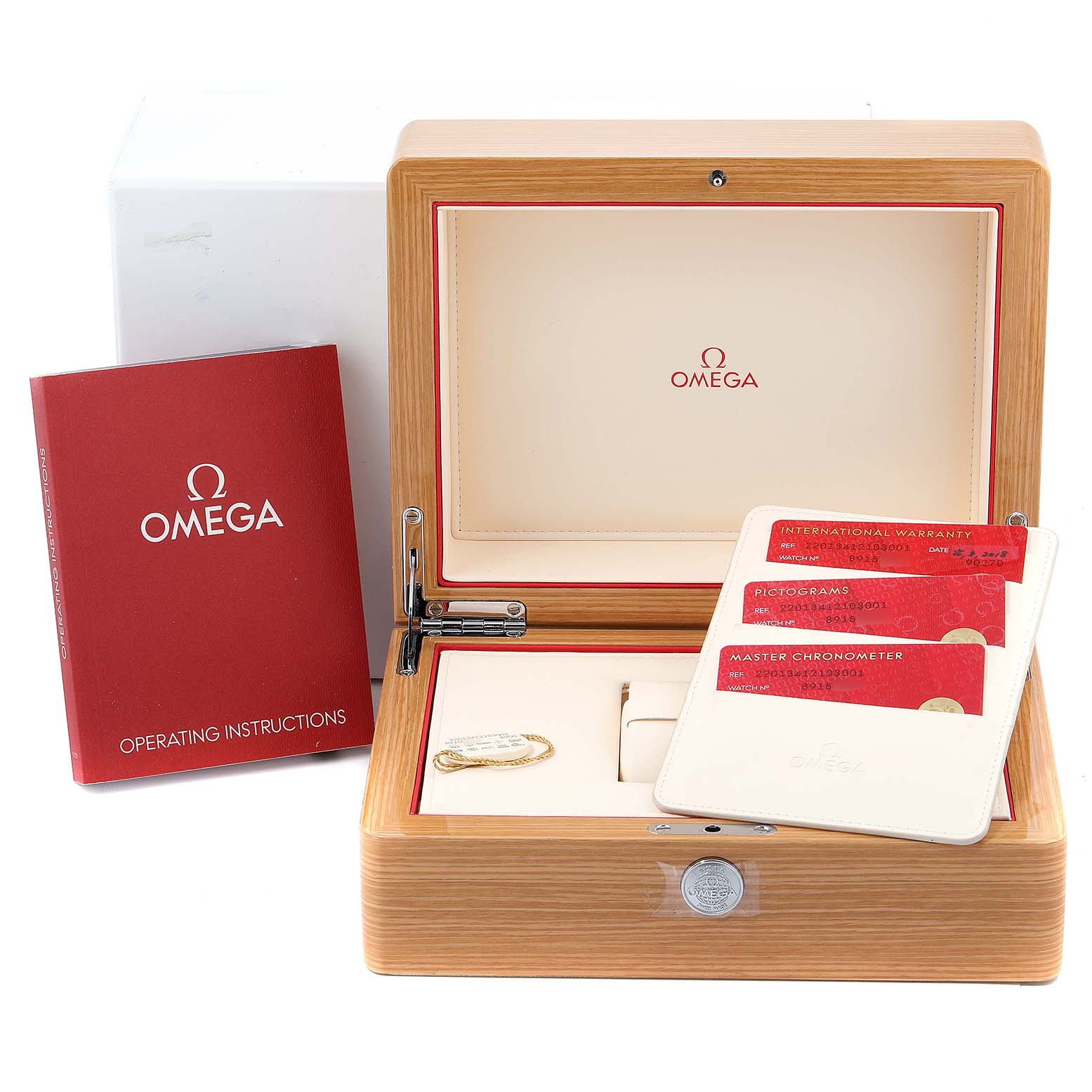 The image shows the Omega Aqua Terra 220.13.41.21.03.001 Men's Stainless Steel Blue Dial 220.13.41.21.03.001 Men's Stainless Steel Blue Dial watch's box, operating instructions, warranty cards, and a keychain.