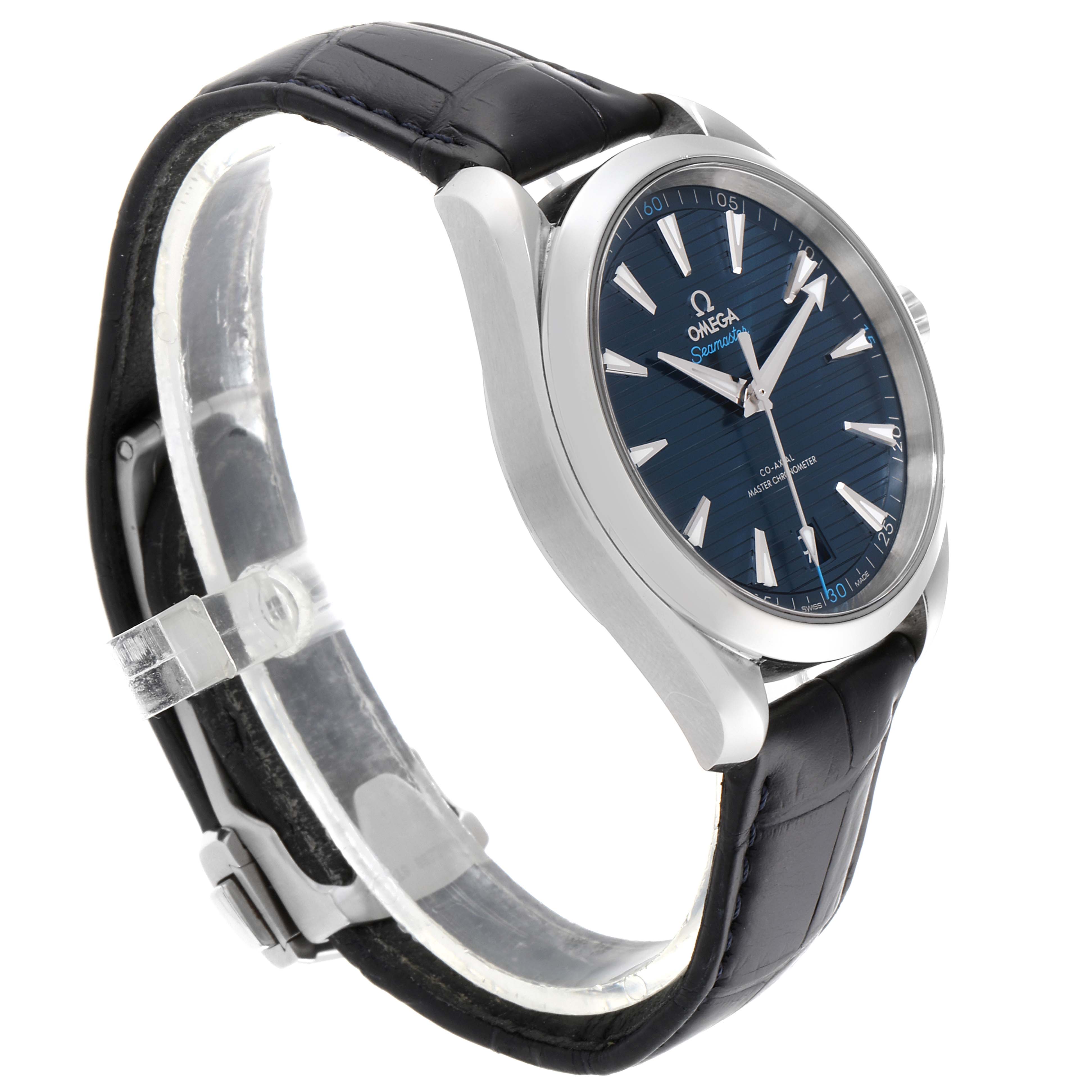 The side view of the Omega Aqua Terra 220.13.41.21.03.001 Men's Stainless Steel Blue Dial 220.13.41.21.03.001 Men's Stainless Steel Blue Dial watch shows its blue dial, silver case, and black leather strap.