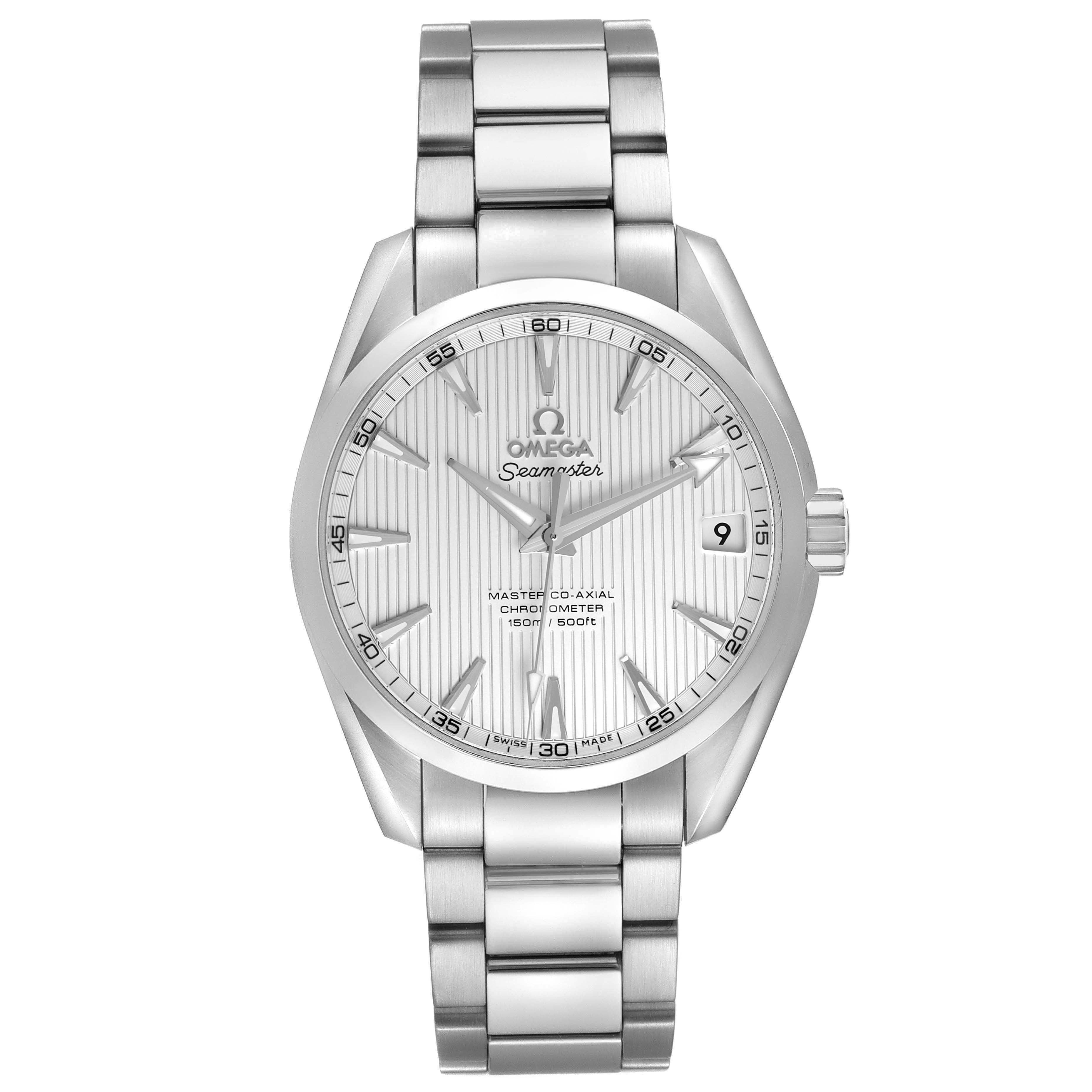 The Omega Seamaster 231.10.39.21.02.002 Men's Stainless Steel Silver Dial watch is shown from a front angle, highlighting the dial, bracelet, and crown.
