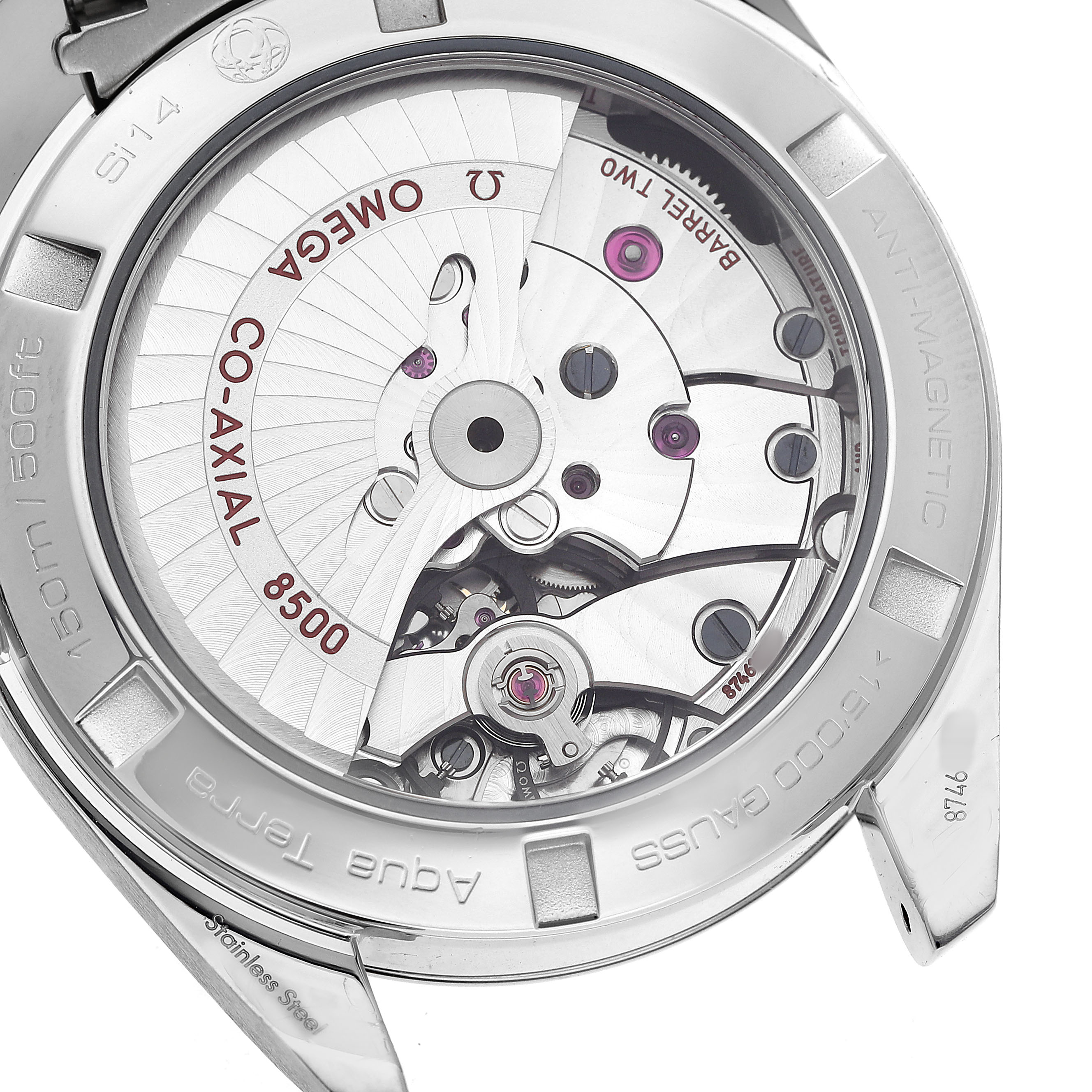 The image shows the back view of an Omega Seamaster 231.10.39.21.02.002 Men's Stainless Steel Silver Dial, revealing the Co-Axial 8500 movement.