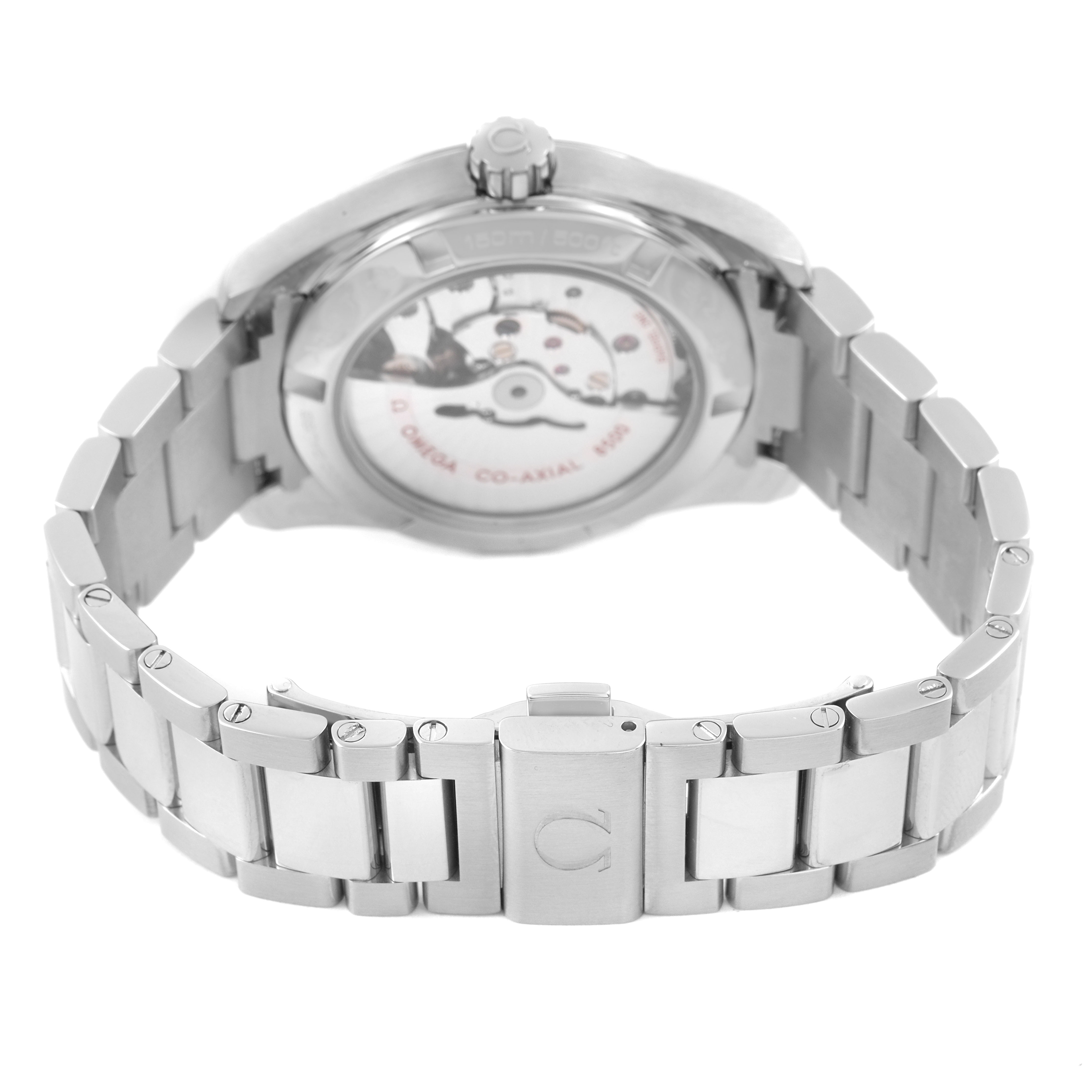 The image shows the back view of an Omega Seamaster 231.10.39.21.02.002 Men's Stainless Steel Silver Dial, highlighting the bracelet and the transparent case back with the mechanism visible.