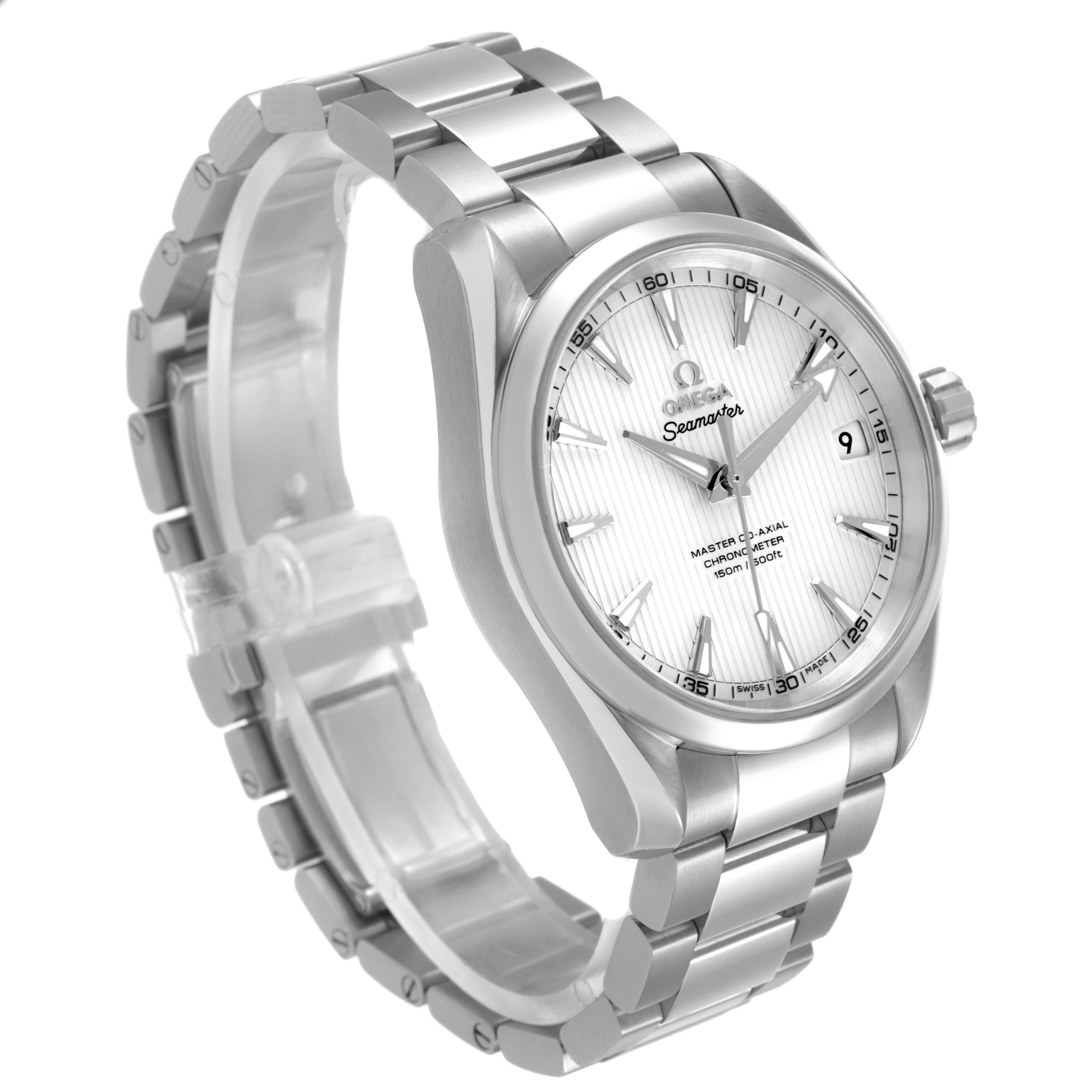 The image shows the Omega Seamaster 231.10.39.21.02.002 Men's Stainless Steel Silver Dial watch at a three-quarter angle, highlighting its face, bezel, and metal bracelet.