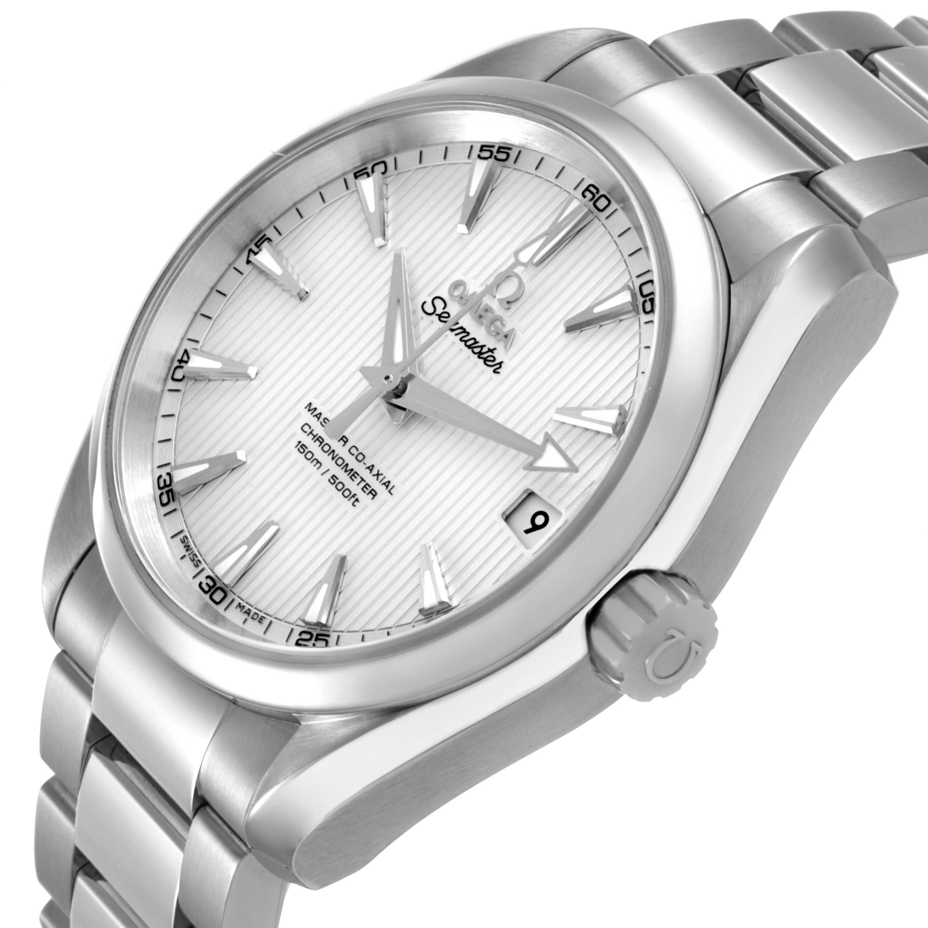 The Omega Seamaster 231.10.39.21.02.002 Men's Stainless Steel Silver Dial watch is shown at a tilted angle, displaying the dial, crown, and part of the bracelet.