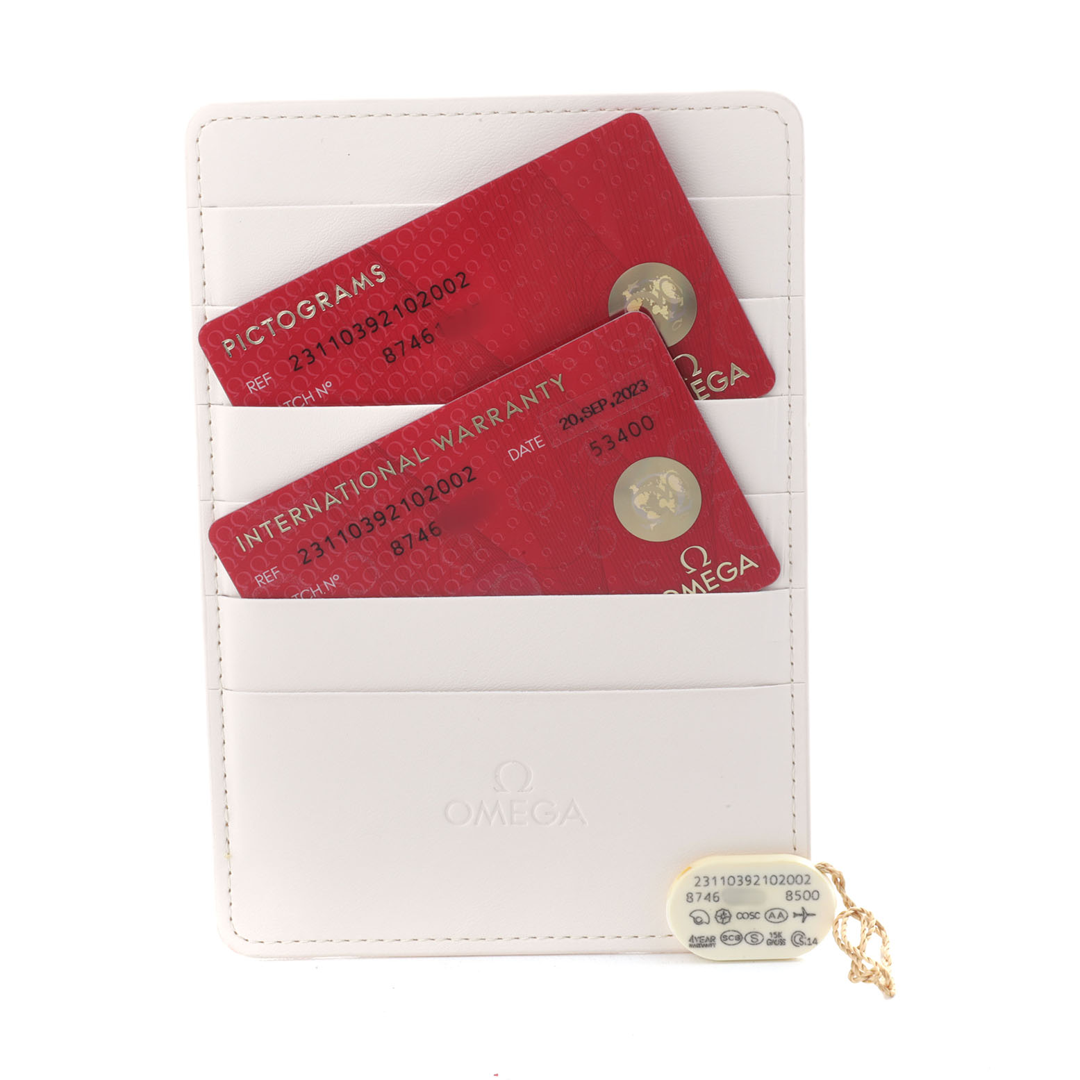 The image shows Omega Seamaster 231.10.39.21.02.002 Men's Stainless Steel Silver Dial model accessories, including warranty and pictogram cards in a white cardholder.