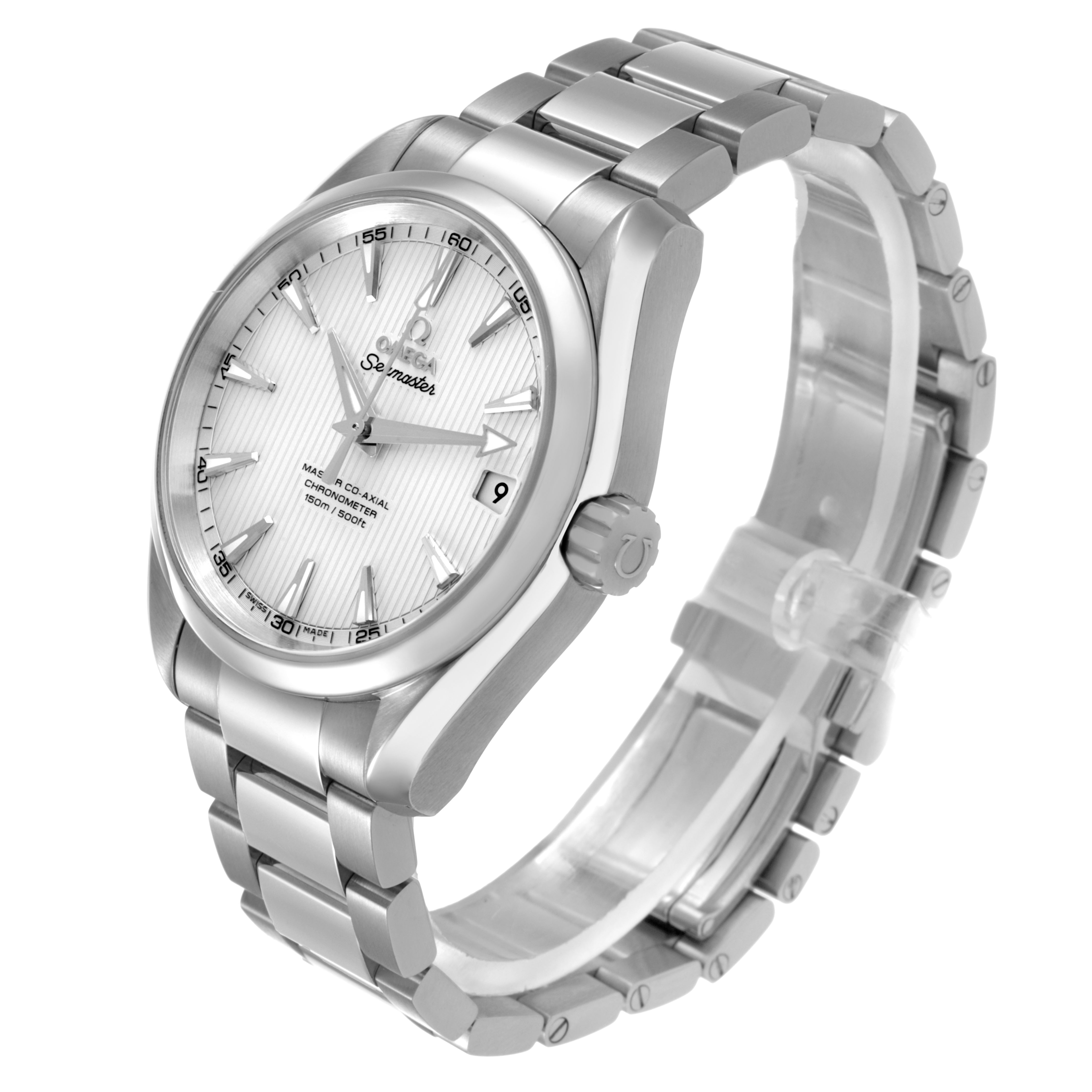 The Omega Seamaster 231.10.39.21.02.002 Men's Stainless Steel Silver Dial watch is shown at a three-quarter angle highlighting the dial, crown, and bracelet.