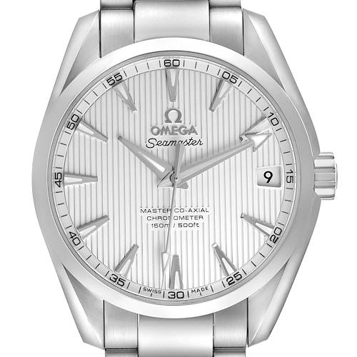 The image shows a front view of the Omega Seamaster 231.10.39.21.02.002 Men's Stainless Steel Silver Dial watch, highlighting its dial, hands, date window, and bracelet links.