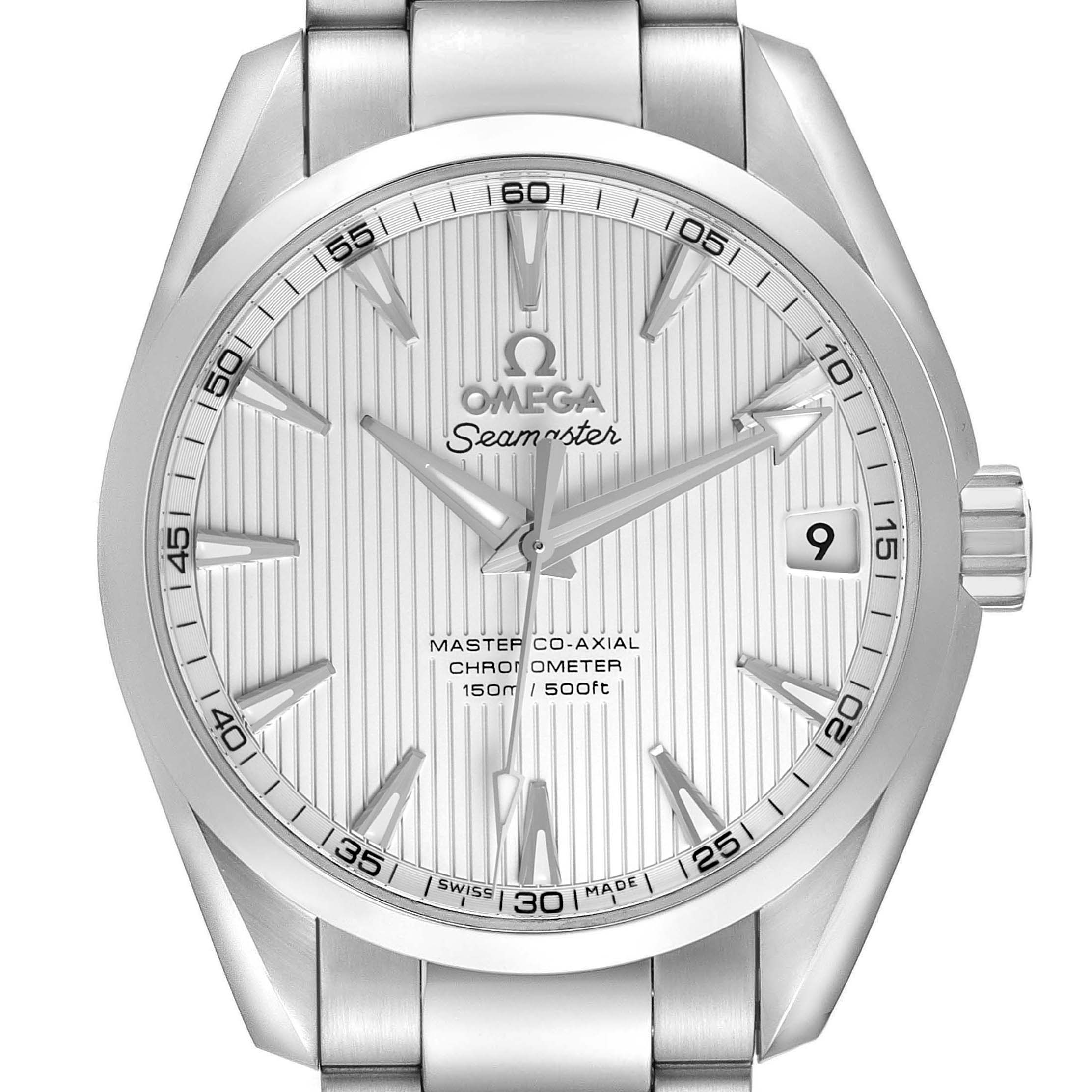 The Omega Seamaster 231.10.39.21.02.002 Men's Stainless Steel Silver Dial watch is shown from the front, displaying its dial, hands, indices, and part of the bracelet.