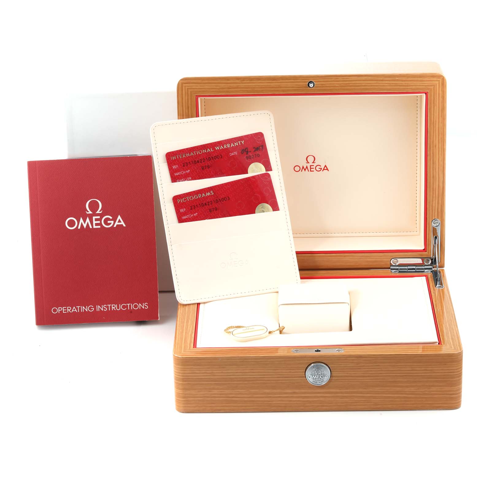 The image shows the Omega Aqua Terra 231.10.42.21.01.003 Men's Stainless Steel Black Dial 231.10.42.21.01.003 Men's Stainless Steel Black Dial watch accessories including the box, manual, warranty cards, and a small watch tool.