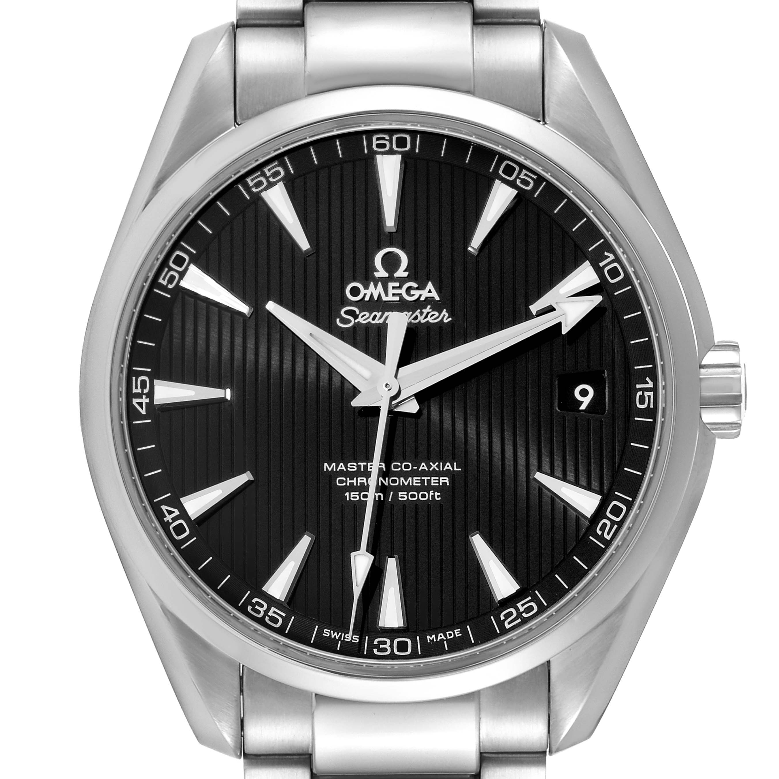 The image shows a front view of the Omega Seamaster Aqua Terra watch, displaying the dial, bezel, and part of the stainless steel bracelet.