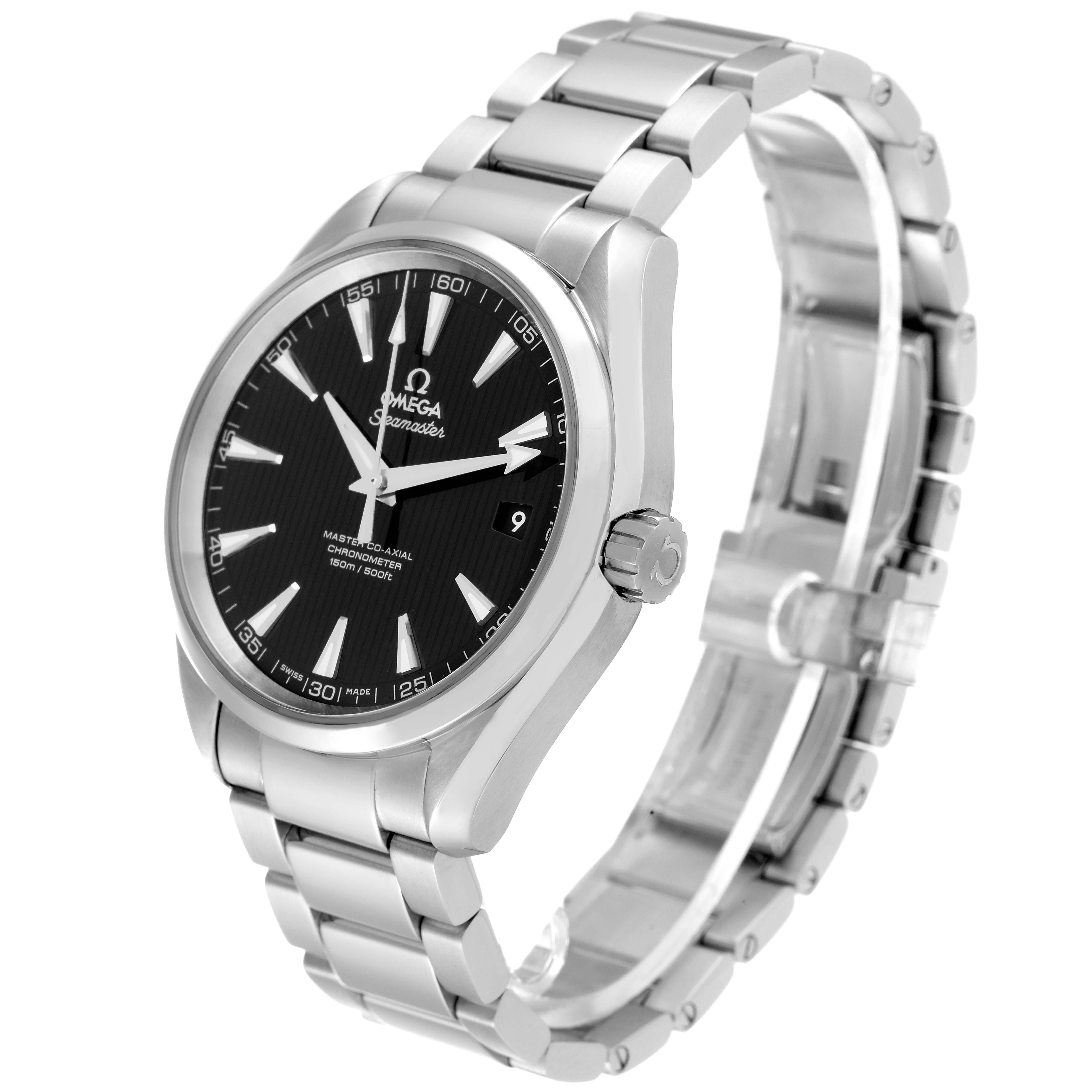 The Omega Aqua Terra 231.10.42.21.01.003 Men's Stainless Steel Black Dial 231.10.42.21.01.003 Men's Stainless Steel Black Dial watch is shown at a three-quarter angle, highlighting the black dial, bracelet, and clasp.