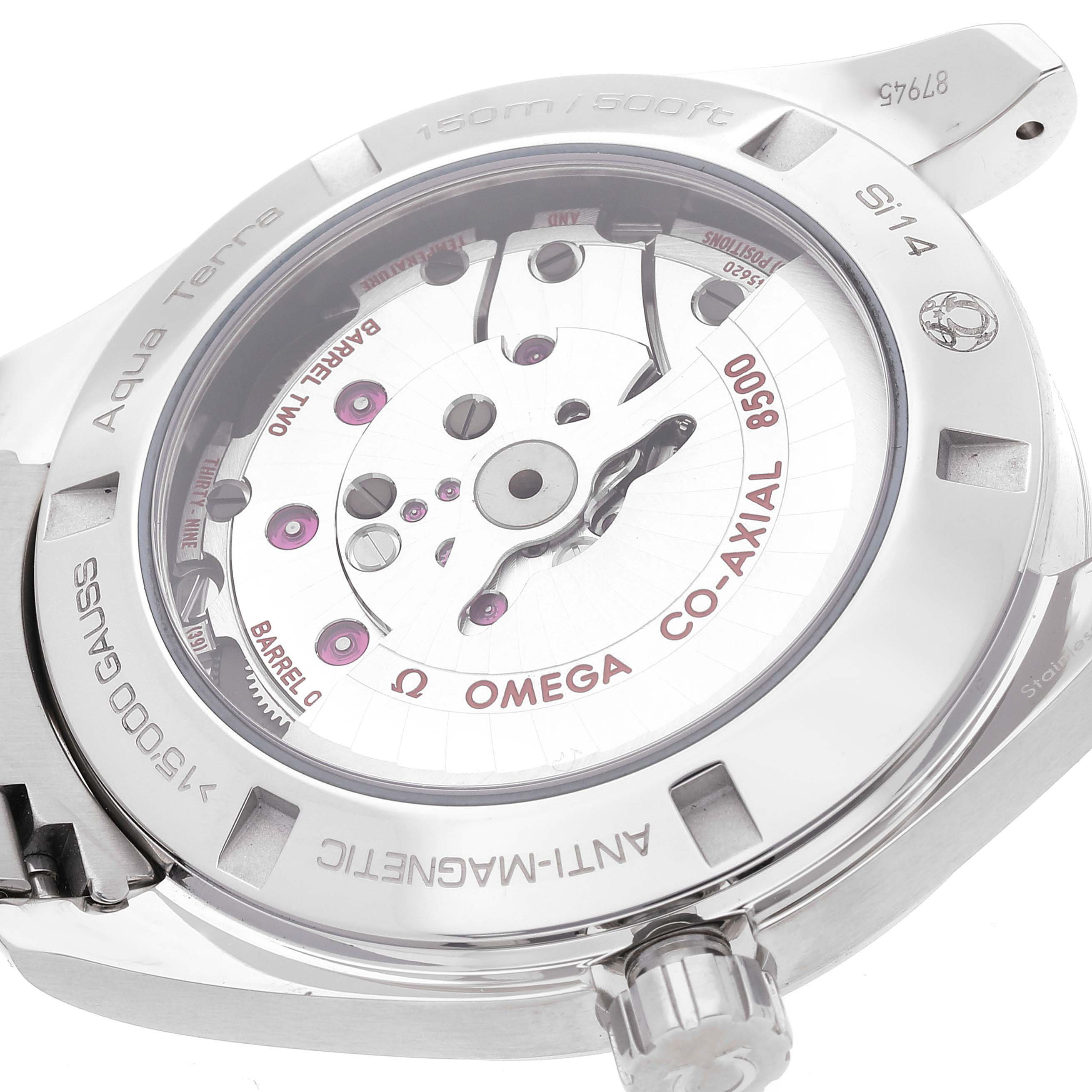 This image showcases the back view of the Omega Aqua Terra 231.10.42.21.01.003 Men's Stainless Steel Black Dial 231.10.42.21.01.003 Men's Stainless Steel Black Dial watch, highlighting its movement and anti-magnetic features.