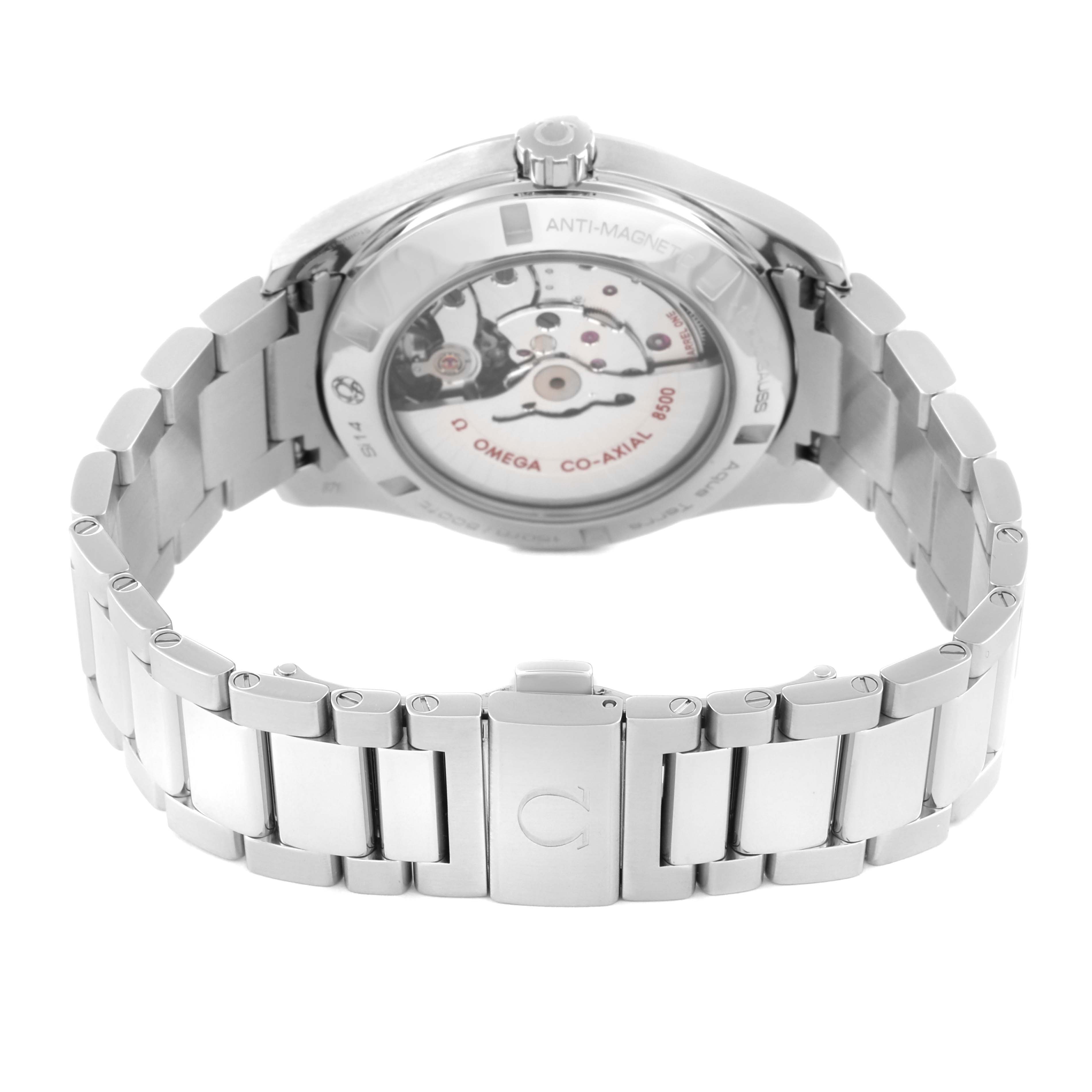 The image shows the case back and bracelet of the Omega Aqua Terra 231.10.42.21.01.003 Men's Stainless Steel Black Dial 231.10.42.21.01.003 Men's Stainless Steel Black Dial watch at a rear angle.