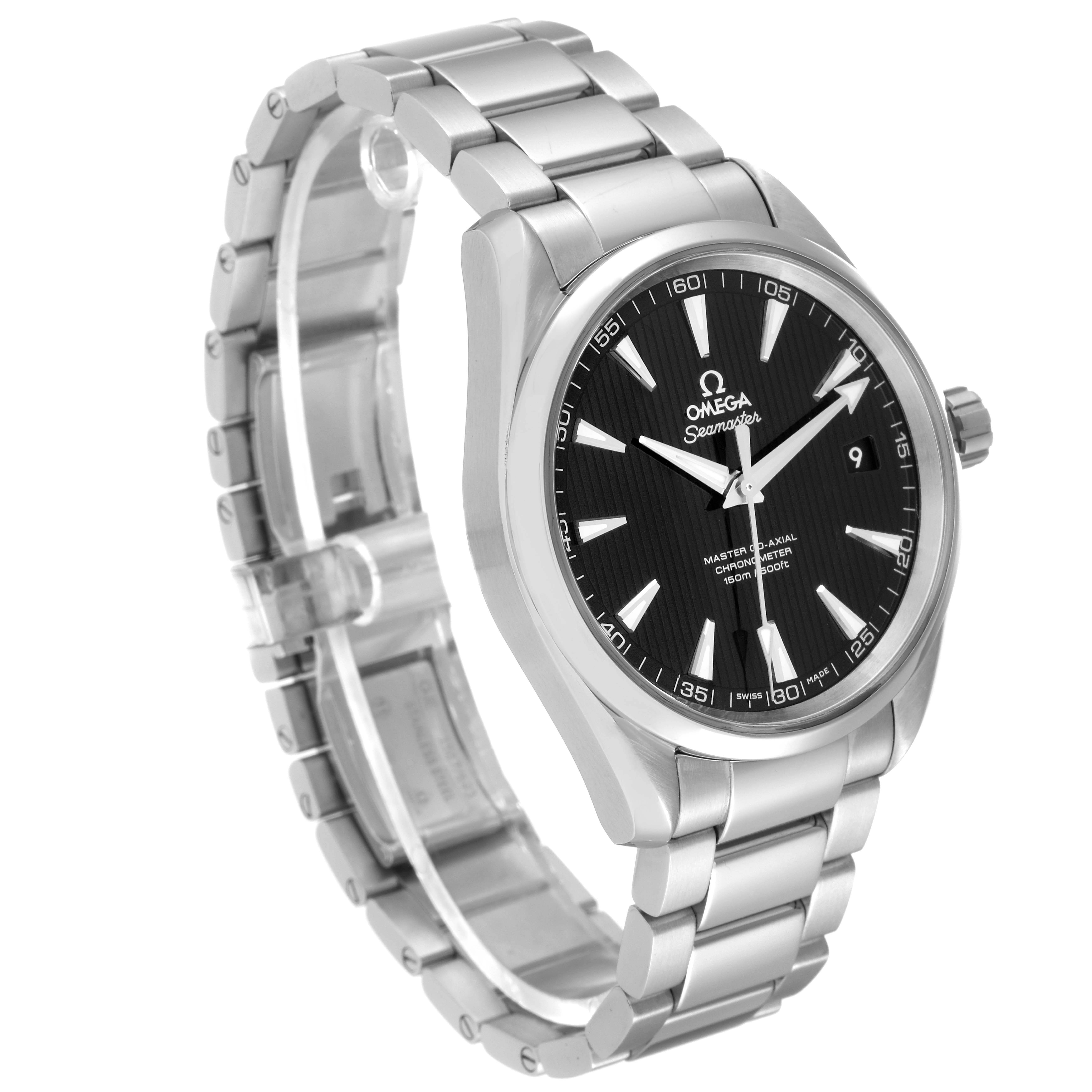 The Omega Aqua Terra 231.10.42.21.01.003 Men's Stainless Steel Black Dial 231.10.42.21.01.003 Men's Stainless Steel Black Dial watch is displayed at a three-quarter angle, showcasing the watch face, stainless steel bracelet, and clasp.