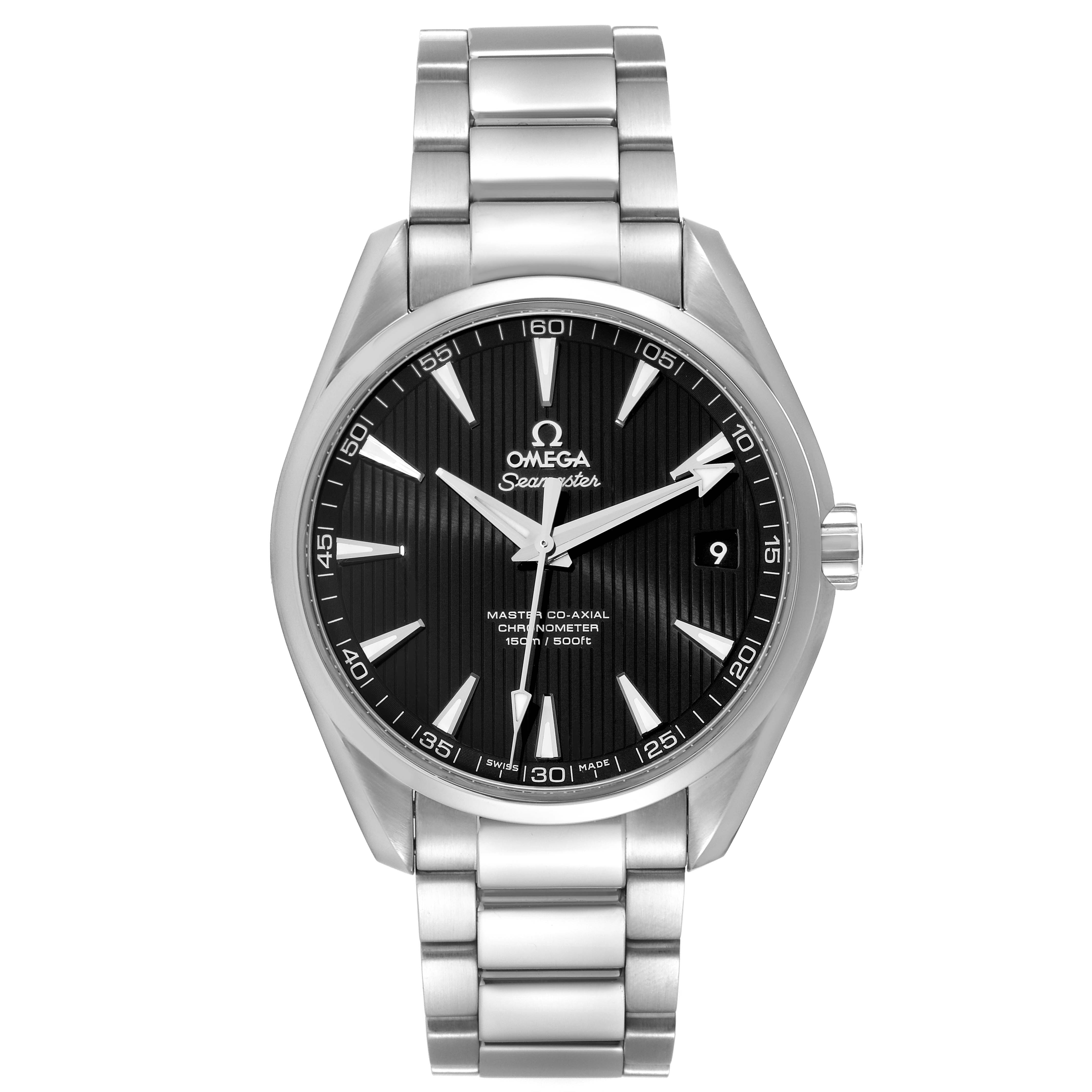 The image shows a front view of the Omega Aqua Terra 231.10.42.21.01.003 Men's Stainless Steel Black Dial 231.10.42.21.01.003 Men's Stainless Steel Black Dial watch featuring its dial, case, crown, and bracelet.