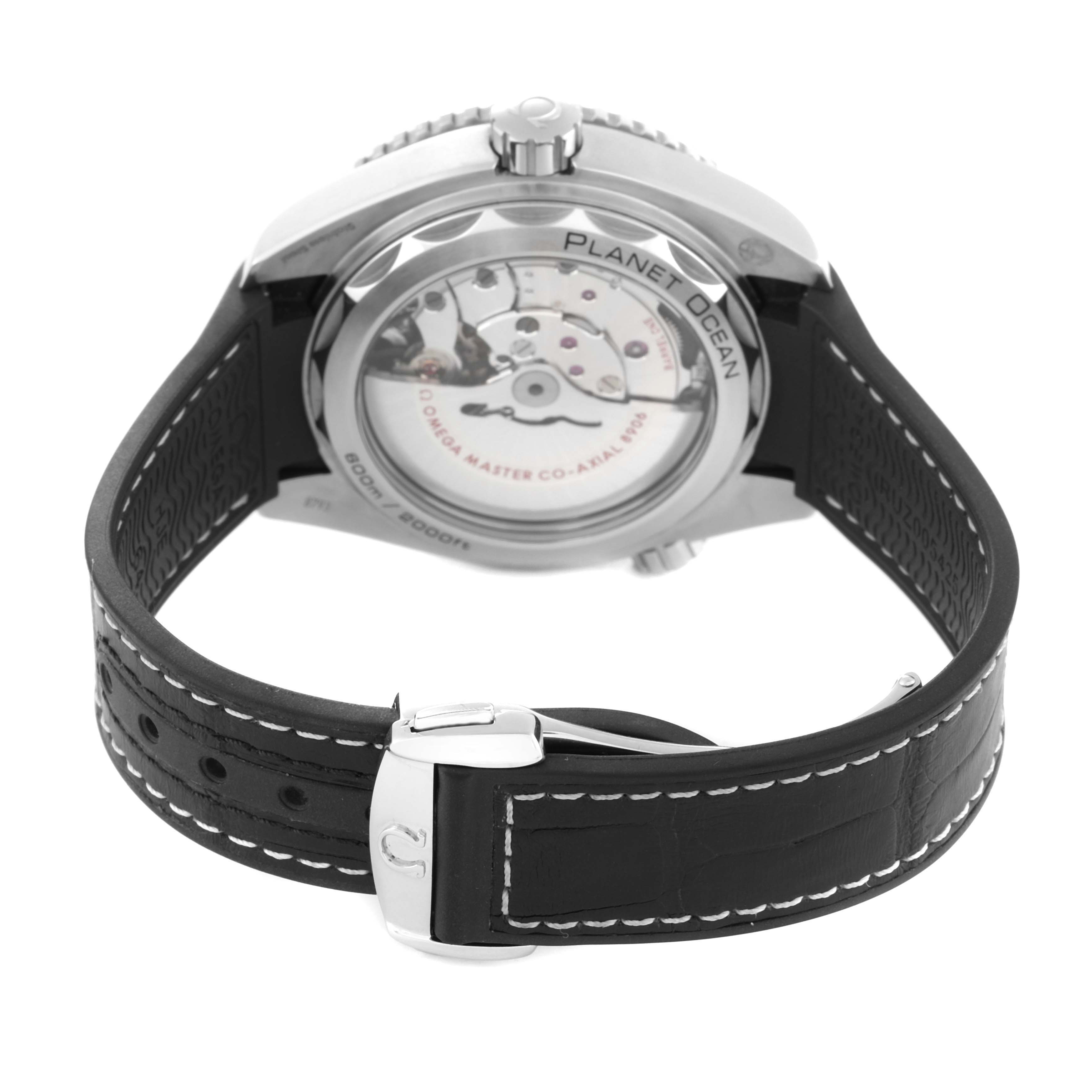 This rear view of the Omega Planet Ocean 215.33.44.22.01.001 Men's Stainless Steel Black Dial 215.33.44.22.01.001 Men's Stainless Steel Black Dial watch shows the exposed mechanism and part of the leather strap with stitching.