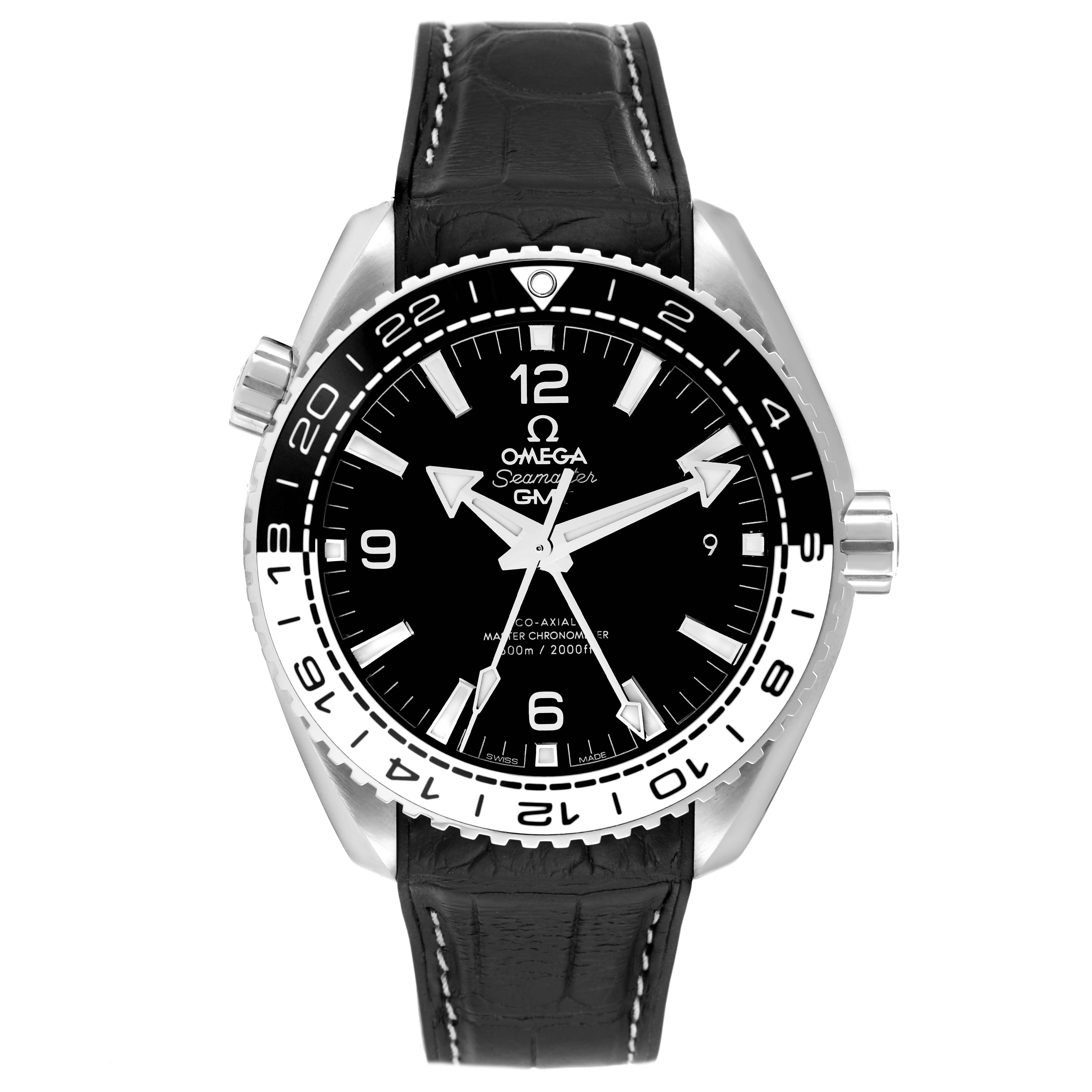 This image shows a frontal view of the Omega Planet Ocean 215.33.44.22.01.001 Men's Stainless Steel Black Dial 215.33.44.22.01.001 Men's Stainless Steel Black Dial model, focusing on the watch face and leather strap.