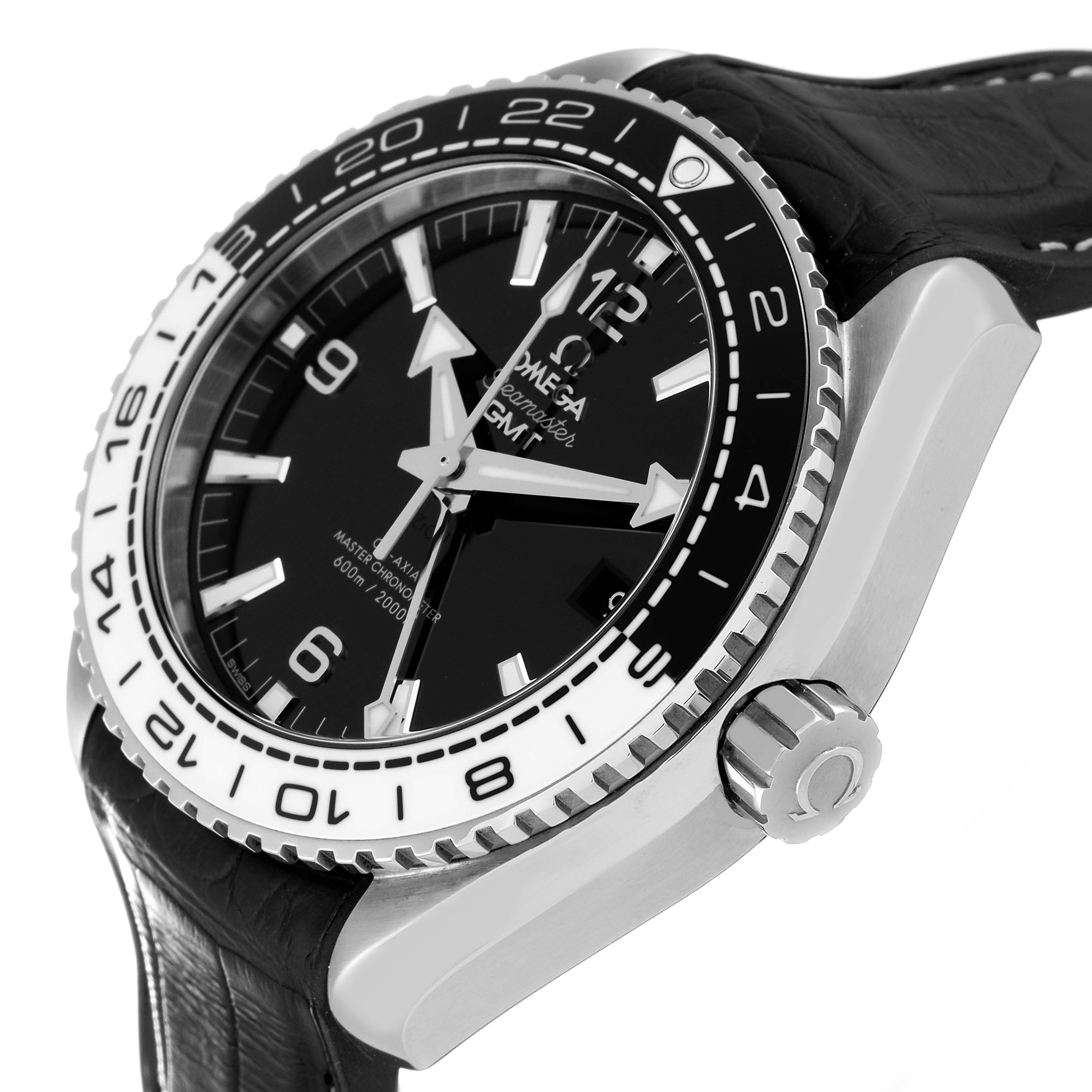 The image shows an angled side view of the Omega Planet Ocean 215.33.44.22.01.001 Men's Stainless Steel Black Dial 215.33.44.22.01.001 Men's Stainless Steel Black Dial watch, highlighting the bezel, crown, and part of the strap.