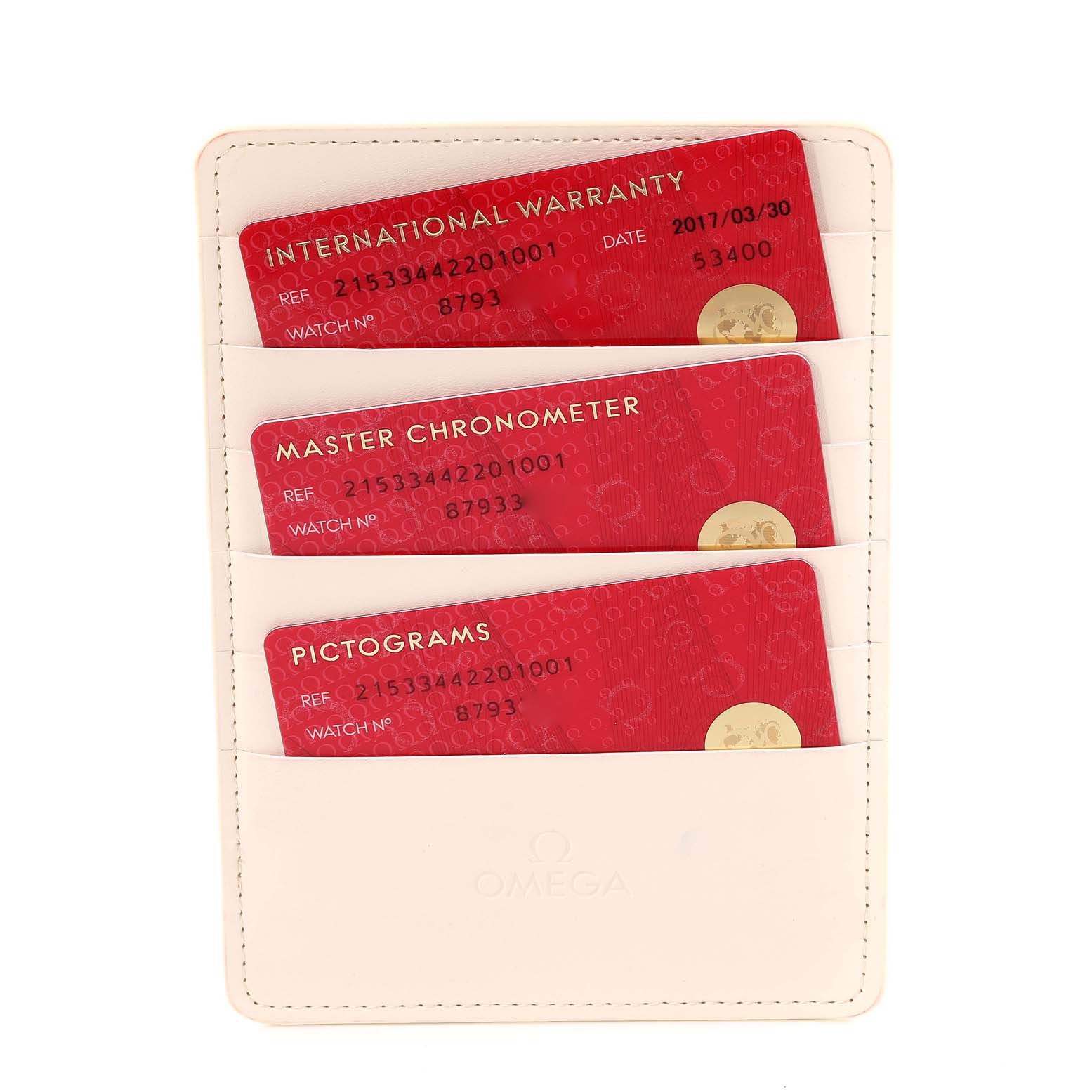 This image shows three red cards for the Omega Planet Ocean 215.33.44.22.01.001 Men's Stainless Steel Black Dial 215.33.44.22.01.001 Men's Stainless Steel Black Dial model: International Warranty, Master Chronometer, and Pictograms.