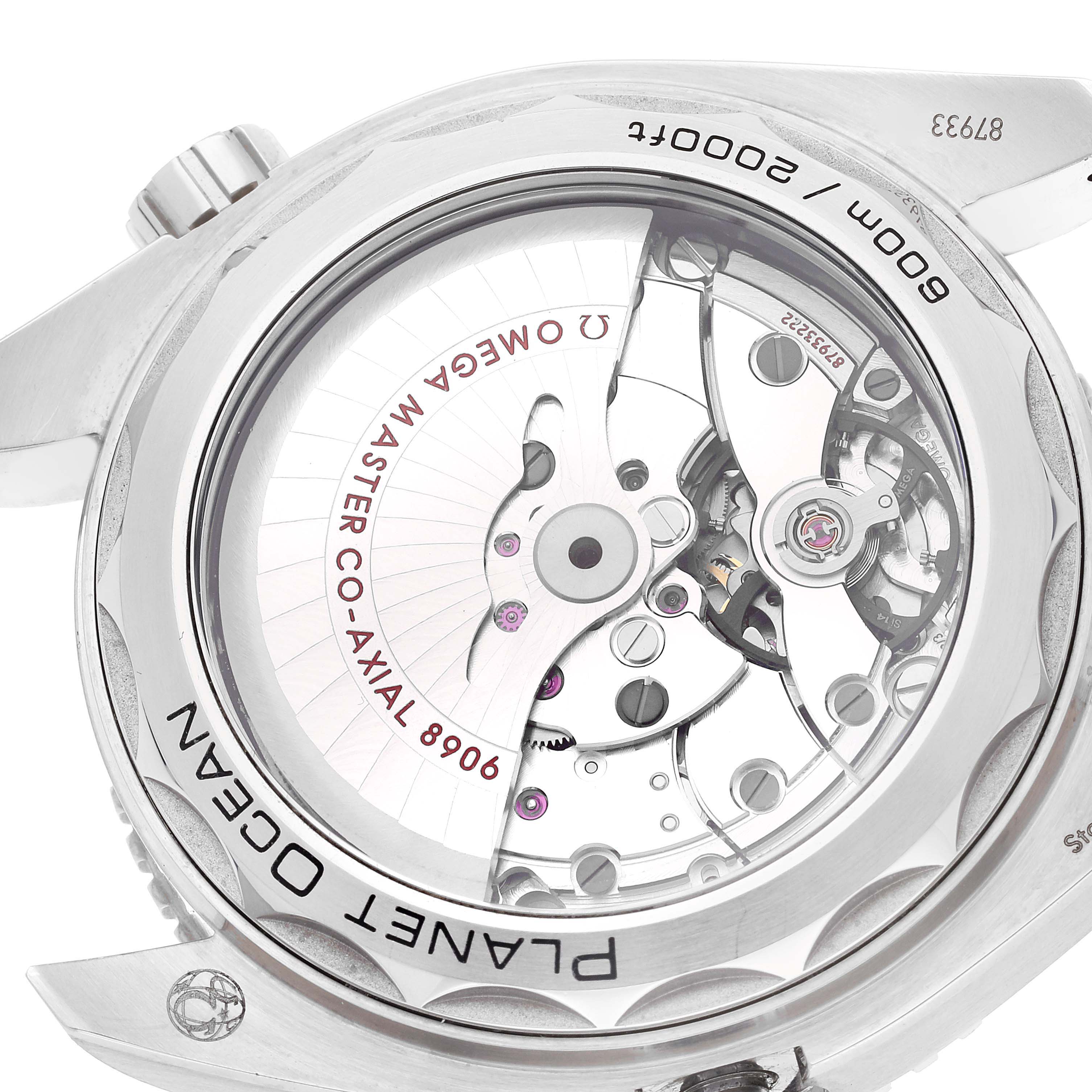 The image shows the back view of the Omega Planet Ocean 215.33.44.22.01.001 Men's Stainless Steel Black Dial 215.33.44.22.01.001 Men's Stainless Steel Black Dial watch, highlighting the intricate internal mechanisms.