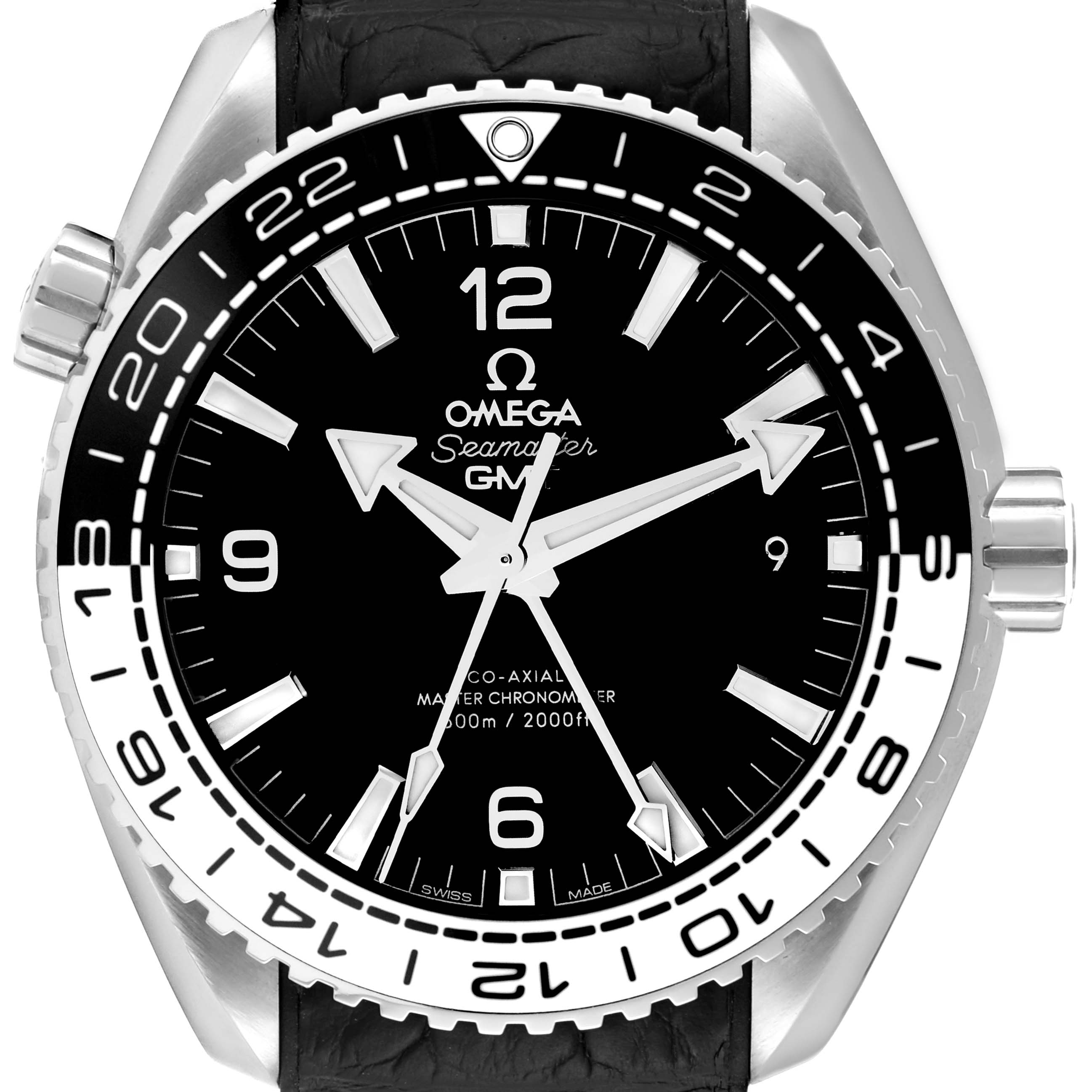 This image shows a front angle of an Omega Planet Ocean 215.33.44.22.01.001 Men's Stainless Steel Black Dial 215.33.44.22.01.001 Men's Stainless Steel Black Dial model watch, highlighting its black dial and bezel, and stainless steel case.