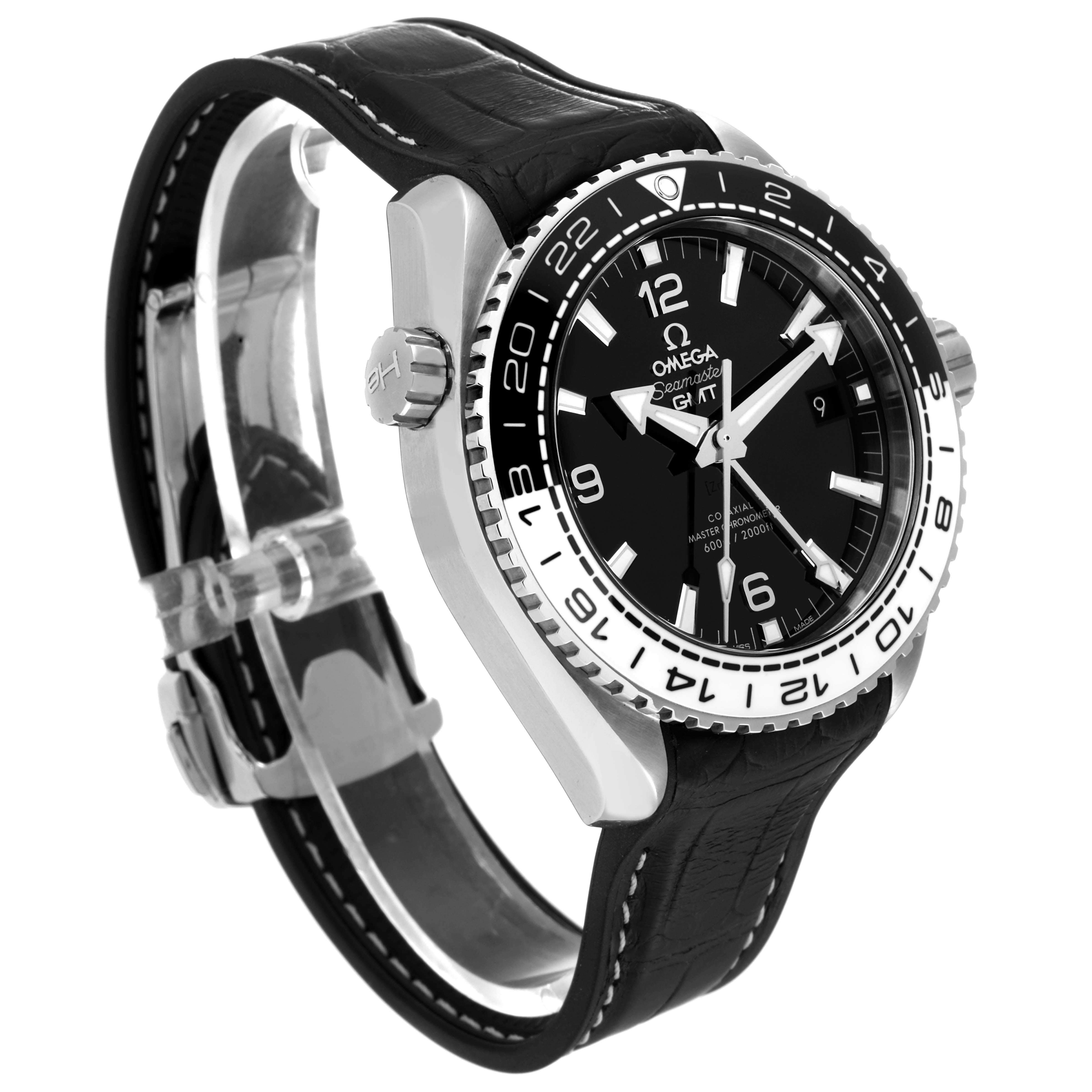 The Omega Planet Ocean 215.33.44.22.01.001 Men's Stainless Steel Black Dial 215.33.44.22.01.001 Men's Stainless Steel Black Dial watch is shown at an angled side view, highlighting its bezel, crown, and black leather strap.