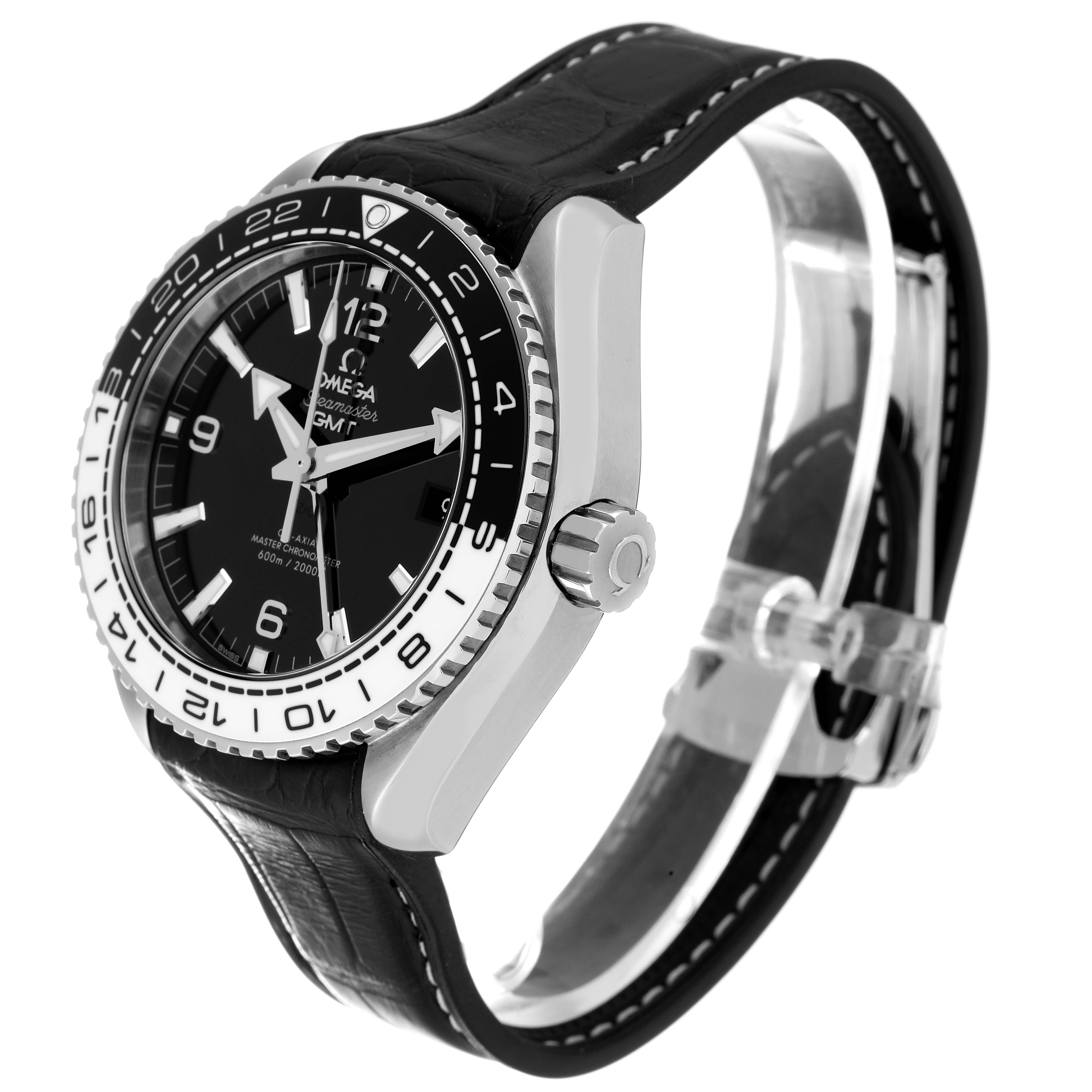 This image shows an Omega Planet Ocean 215.33.44.22.01.001 Men's Stainless Steel Black Dial 215.33.44.22.01.001 Men's Stainless Steel Black Dial watch at an angled side view, highlighting the dial, bezel, crown, and strap.