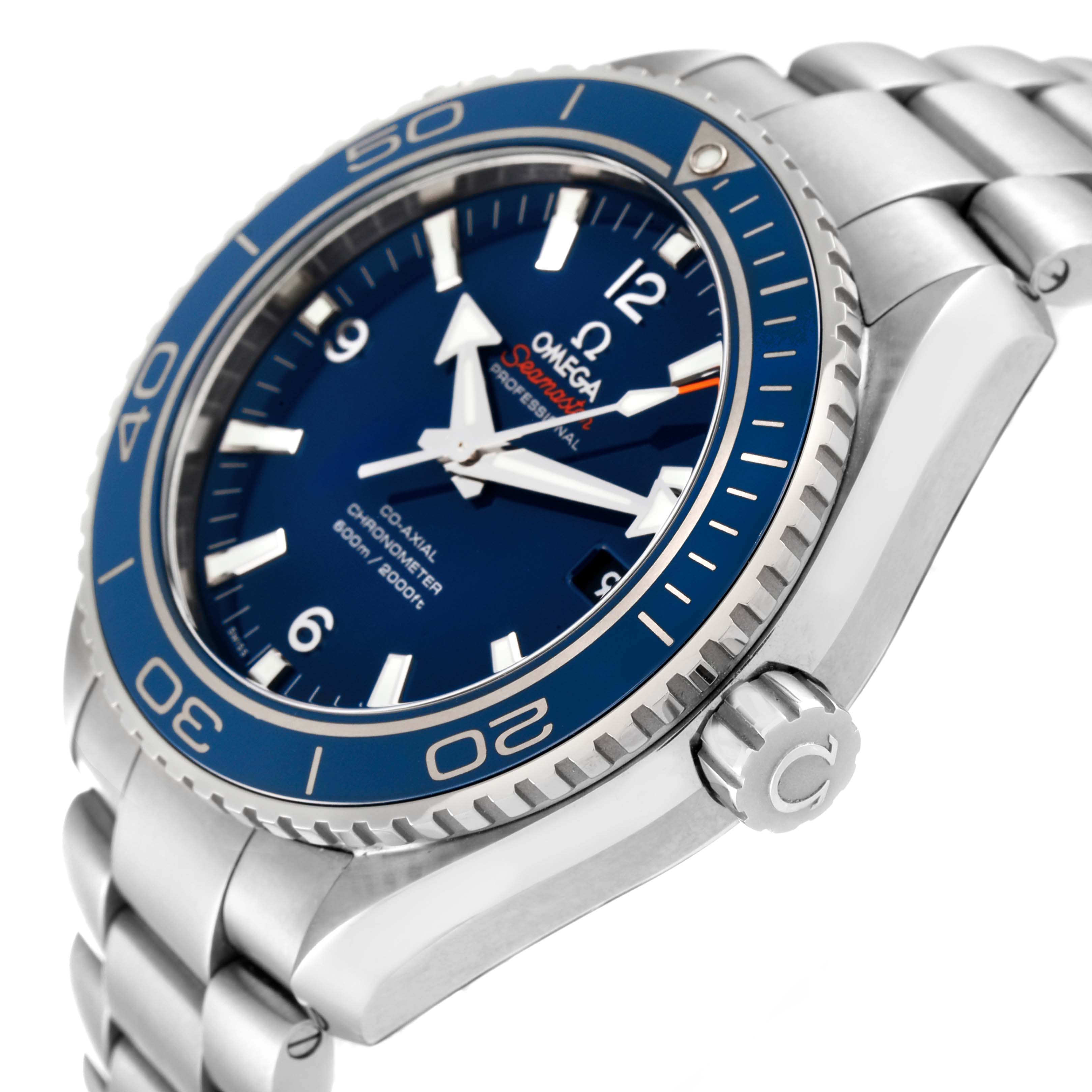 This image shows a side and angled view of the Omega Planet Ocean 232.90.46.21.03.001 Men's Titanium Blue Dial 232.90.46.21.03.001 Men's Titanium Blue Dial watch, highlighting its blue bezel, dial, and stainless-steel bracelet.