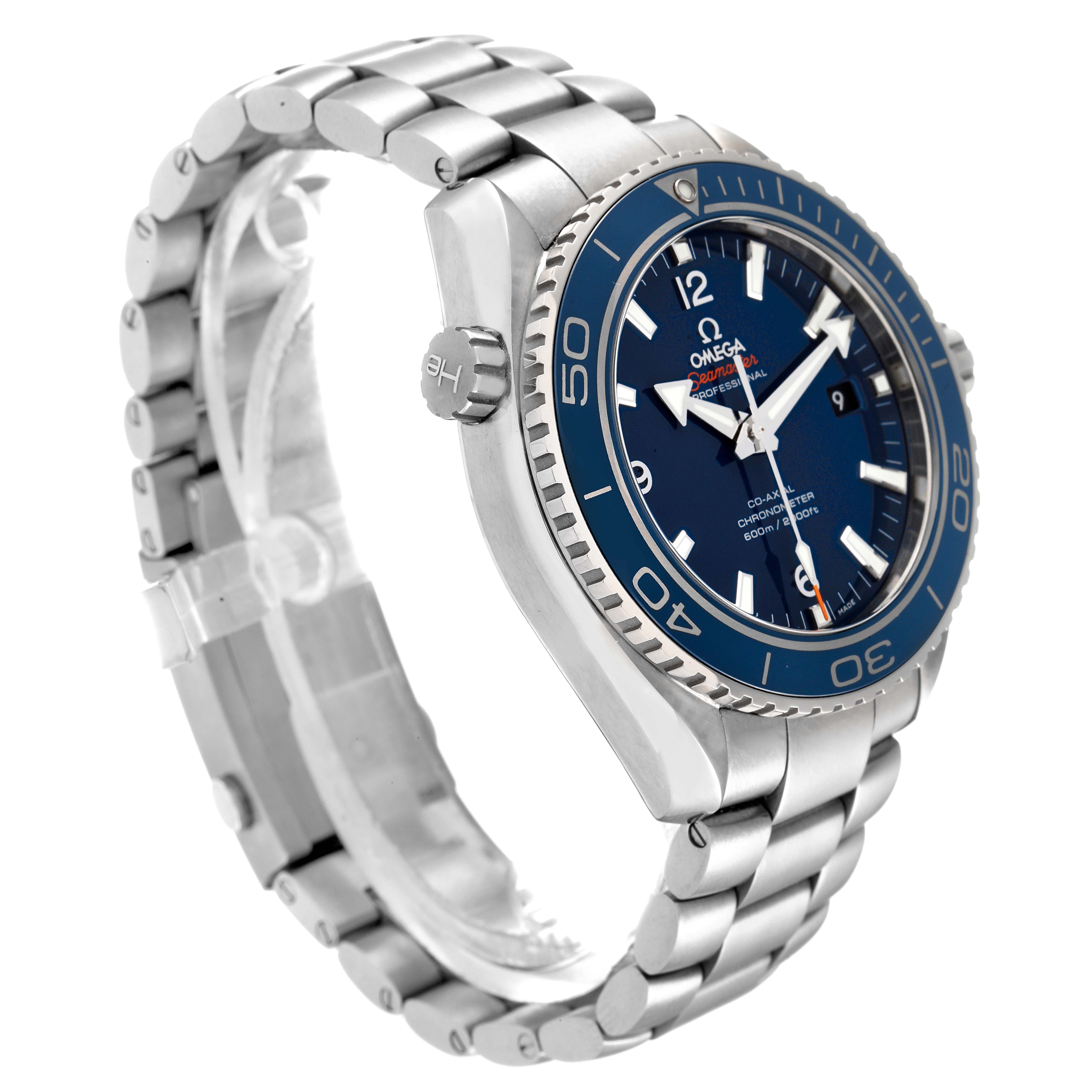 The Omega Planet Ocean 232.90.46.21.03.001 Men's Titanium Blue Dial 232.90.46.21.03.001 Men's Titanium Blue Dial watch is shown from a front-left angle, highlighting the blue dial and bezel, stainless steel case, and bracelet.
