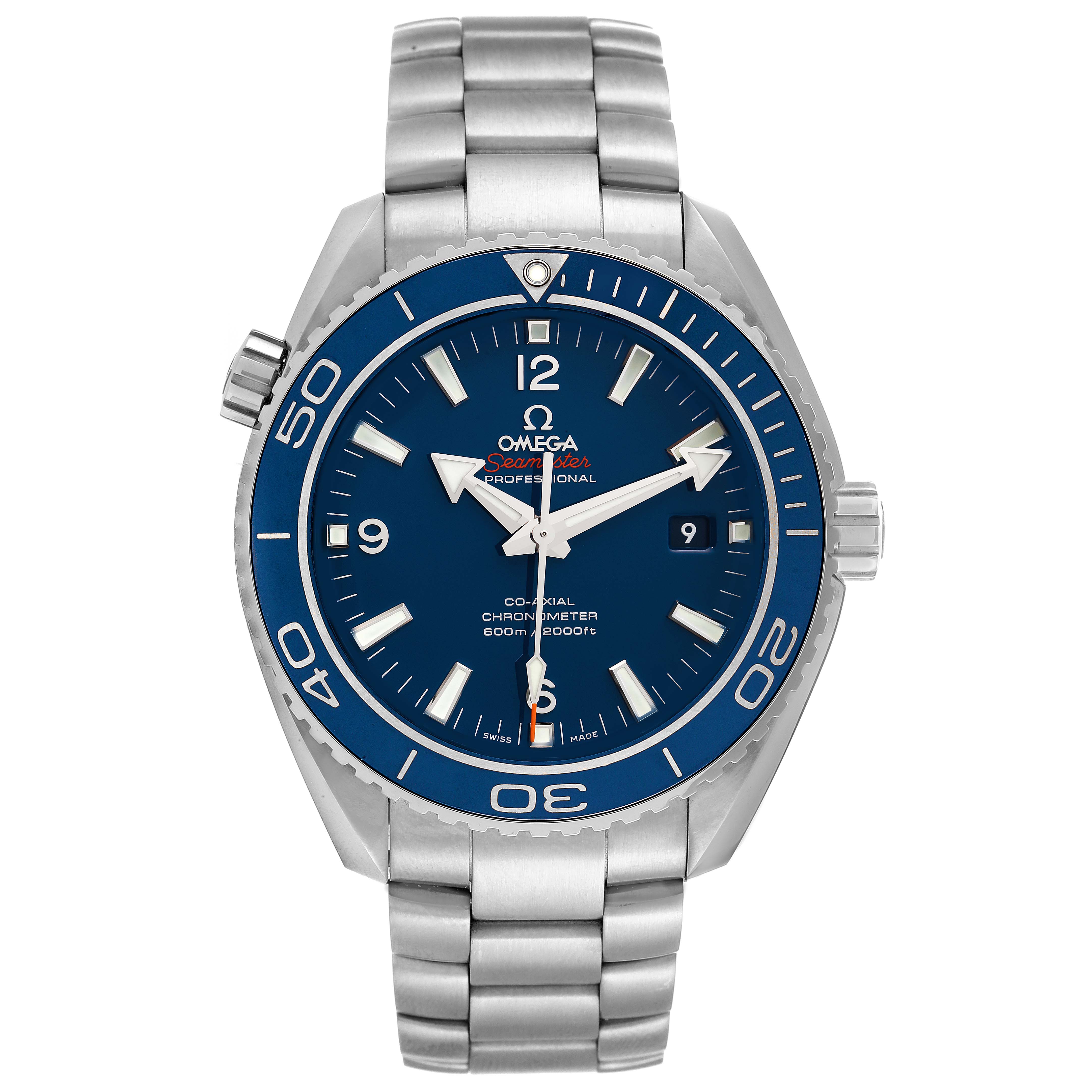 The image shows a frontal view of the Omega Planet Ocean 232.90.46.21.03.001 Men's Titanium Blue Dial 232.90.46.21.03.001 Men's Titanium Blue Dial watch, highlighting its blue dial, bezel, and silver bracelet.