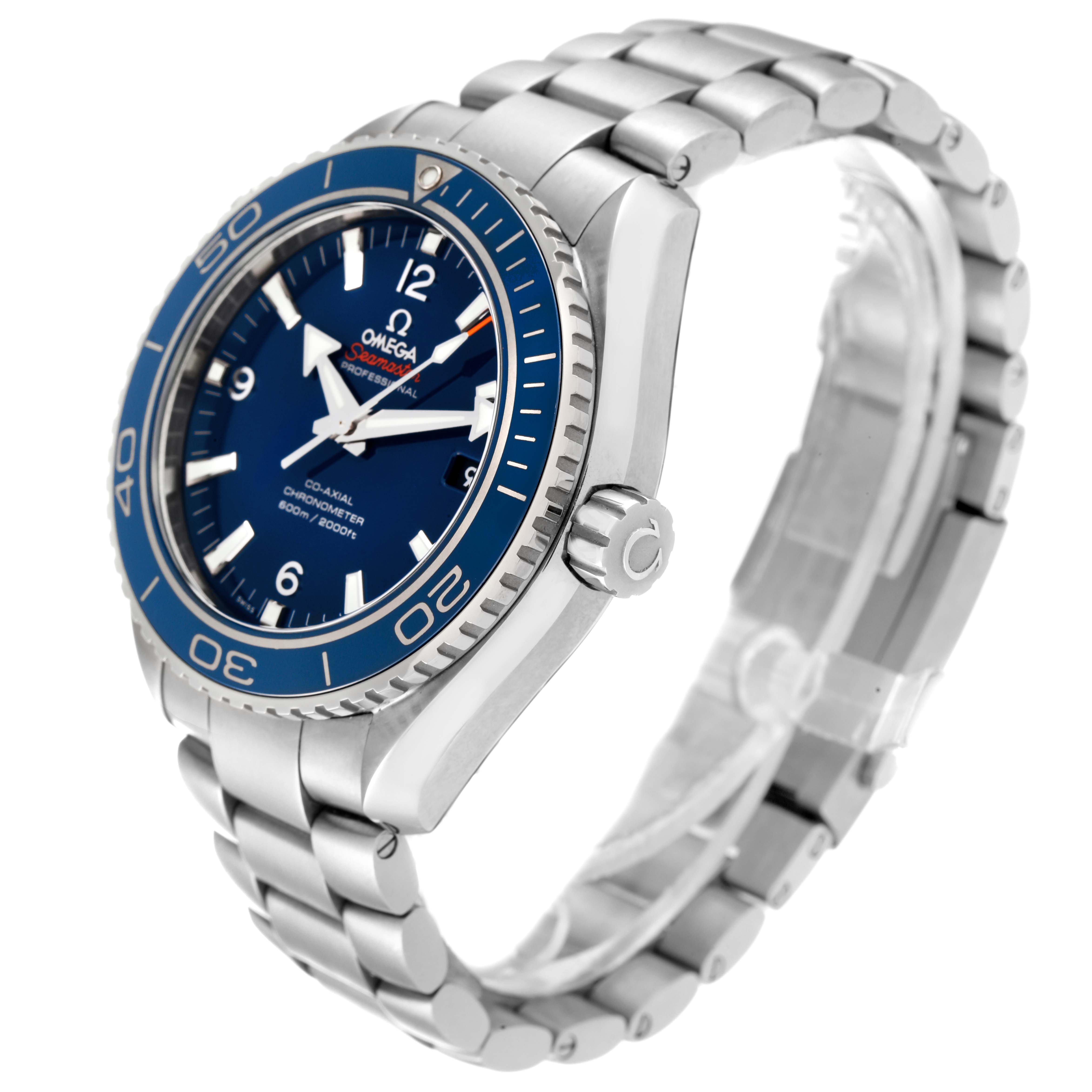 This image shows a side-angle view of the Omega Planet Ocean 232.90.46.21.03.001 Men's Titanium Blue Dial 232.90.46.21.03.001 Men's Titanium Blue Dial watch, highlighting the bezel, dial, crown, and stainless steel bracelet.