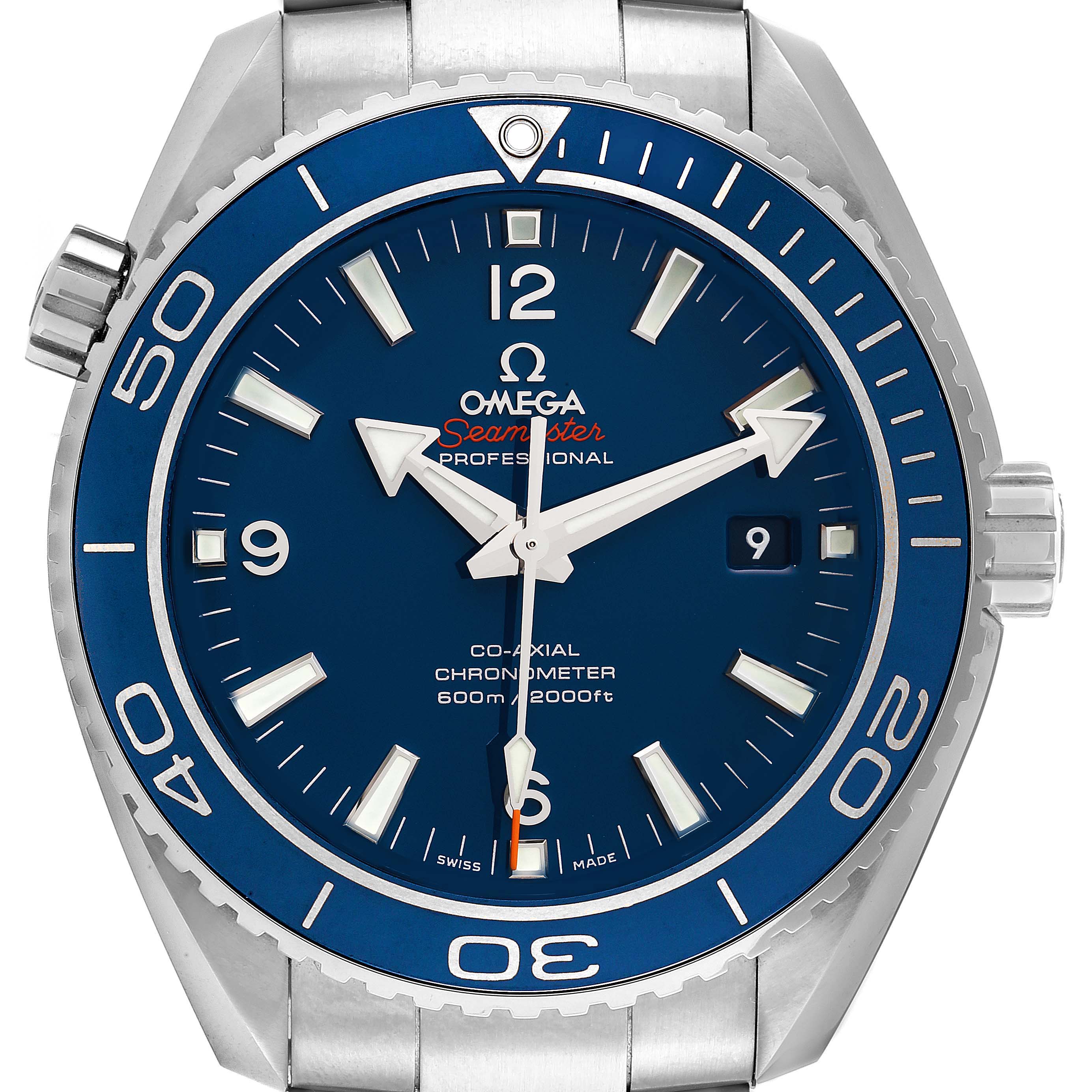 The image shows a front angle of the Omega Seamaster Planet Ocean watch, displaying the dial, bezel, hands, and part of the bracelet.