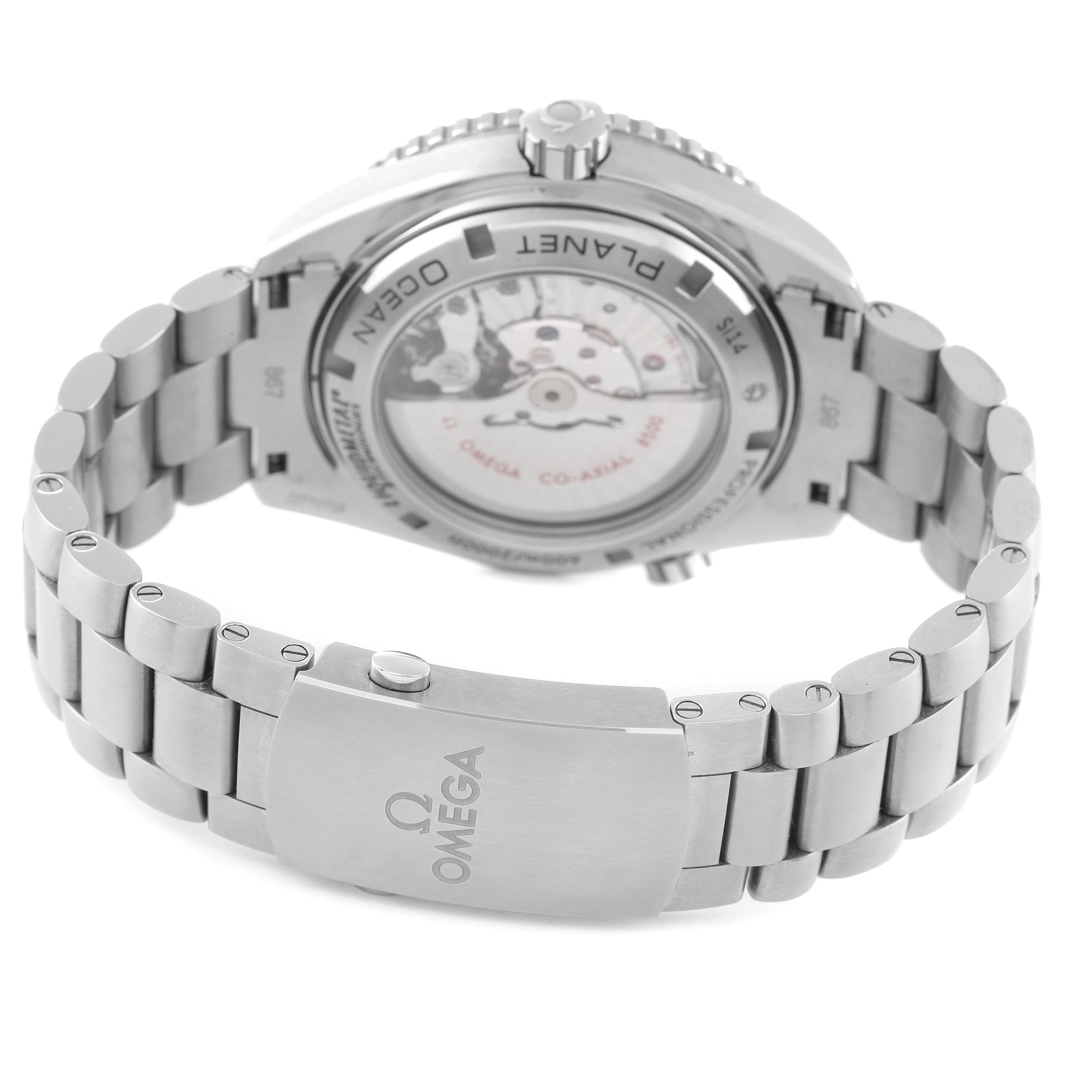 The image shows the back case, exposed movement, and metal bracelet of the Omega Planet Ocean 232.90.46.21.03.001 Men's Titanium Blue Dial 232.90.46.21.03.001 Men's Titanium Blue Dial watch.